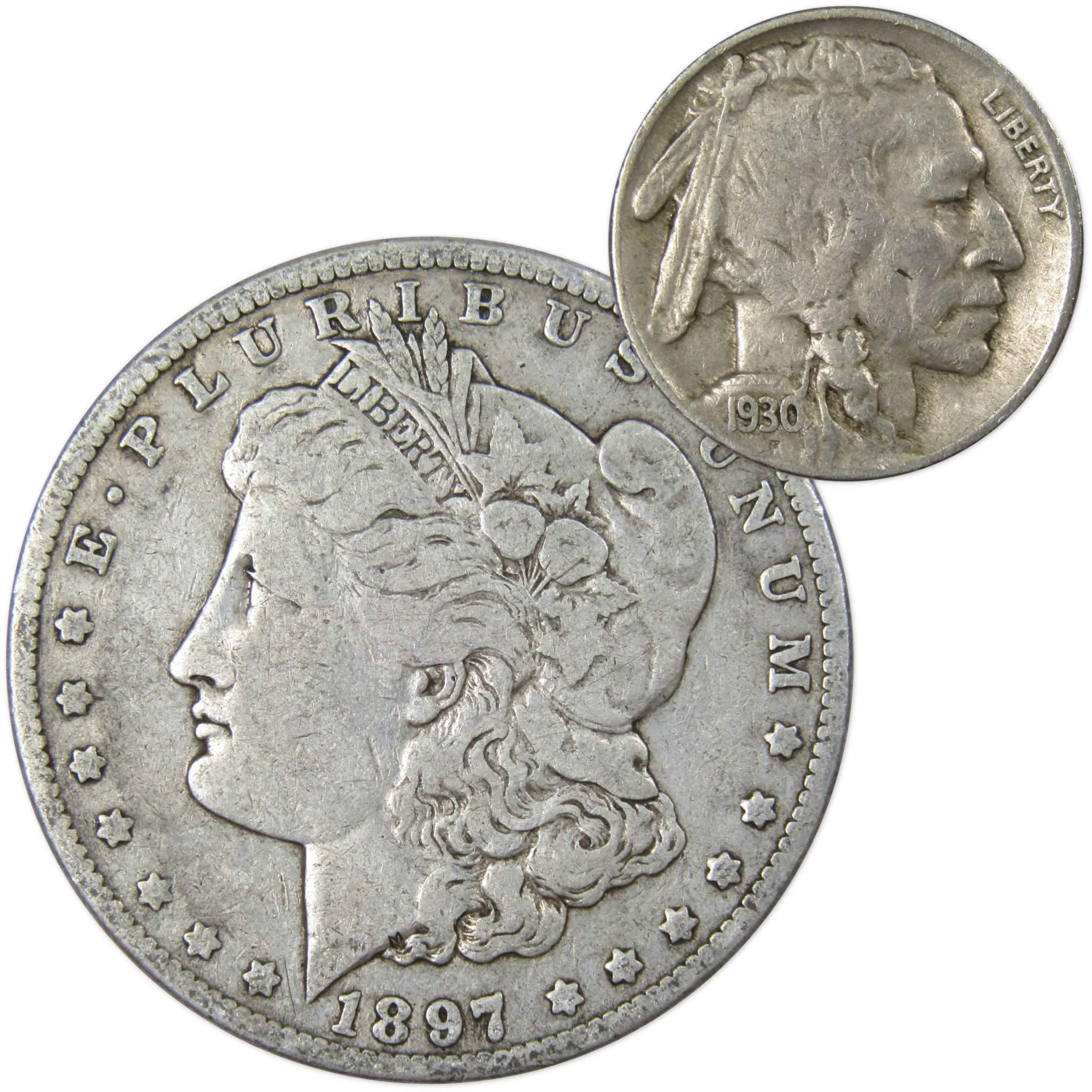 1897 O Morgan Dollar VG Very Good 90% Silver with 1930 S Buffalo Nickel F Fine - Morgan coin - Morgan silver dollar - Morgan silver dollar for sale - Profile Coins &amp; Collectibles
