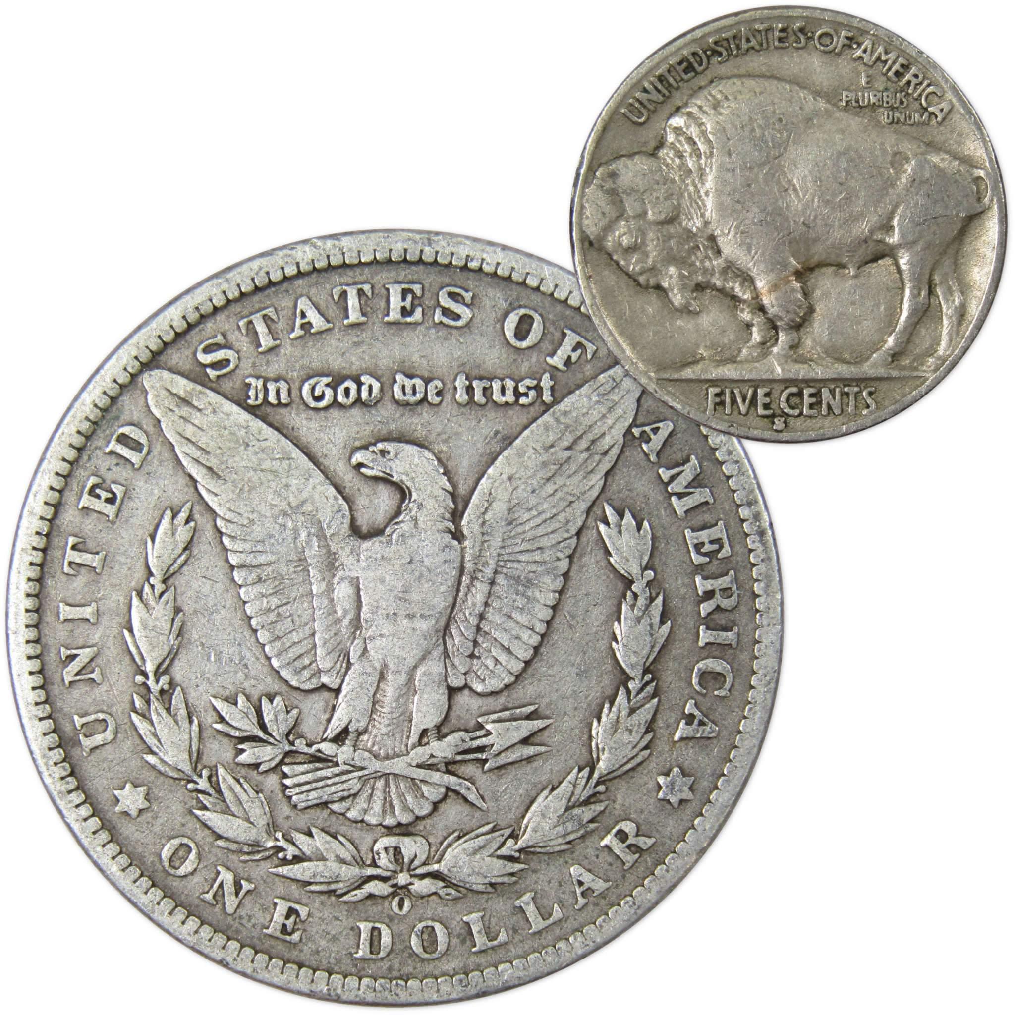 1897 O Morgan Dollar VG Very Good 90% Silver with 1930 S Buffalo Nickel F Fine - Morgan coin - Morgan silver dollar - Morgan silver dollar for sale - Profile Coins &amp; Collectibles