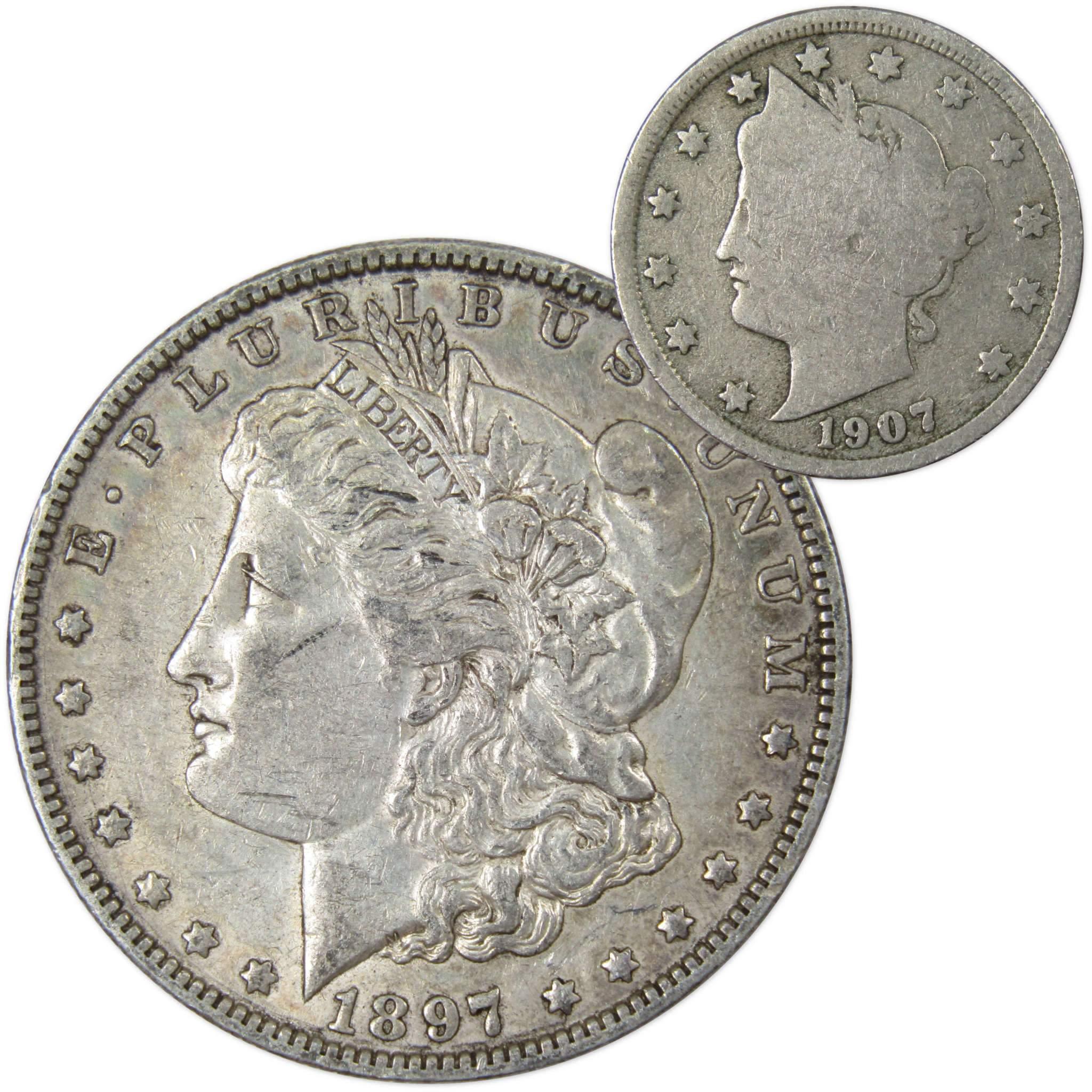 1897 O Morgan Dollar VF Very Fine 90% Silver with 1907 Liberty Nickel G Good - Morgan coin - Morgan silver dollar - Morgan silver dollar for sale - Profile Coins &amp; Collectibles