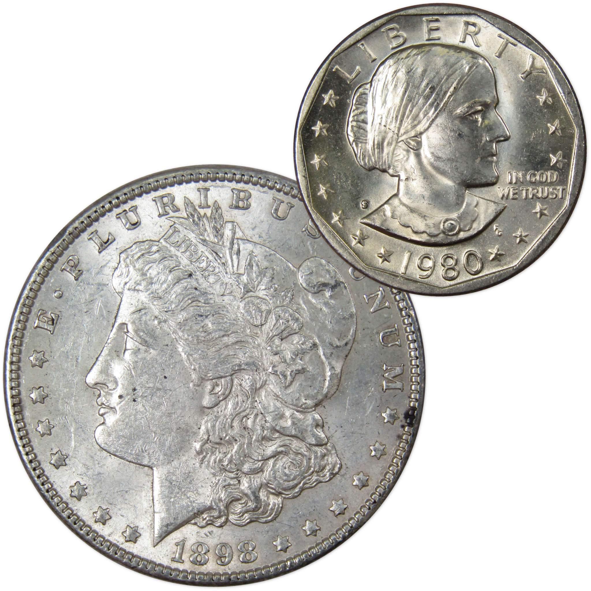 1898 Morgan Dollar AU About Uncirculated with 1980 S SBA$ BU Uncirculated - Morgan coin - Morgan silver dollar - Morgan silver dollar for sale - Profile Coins &amp; Collectibles