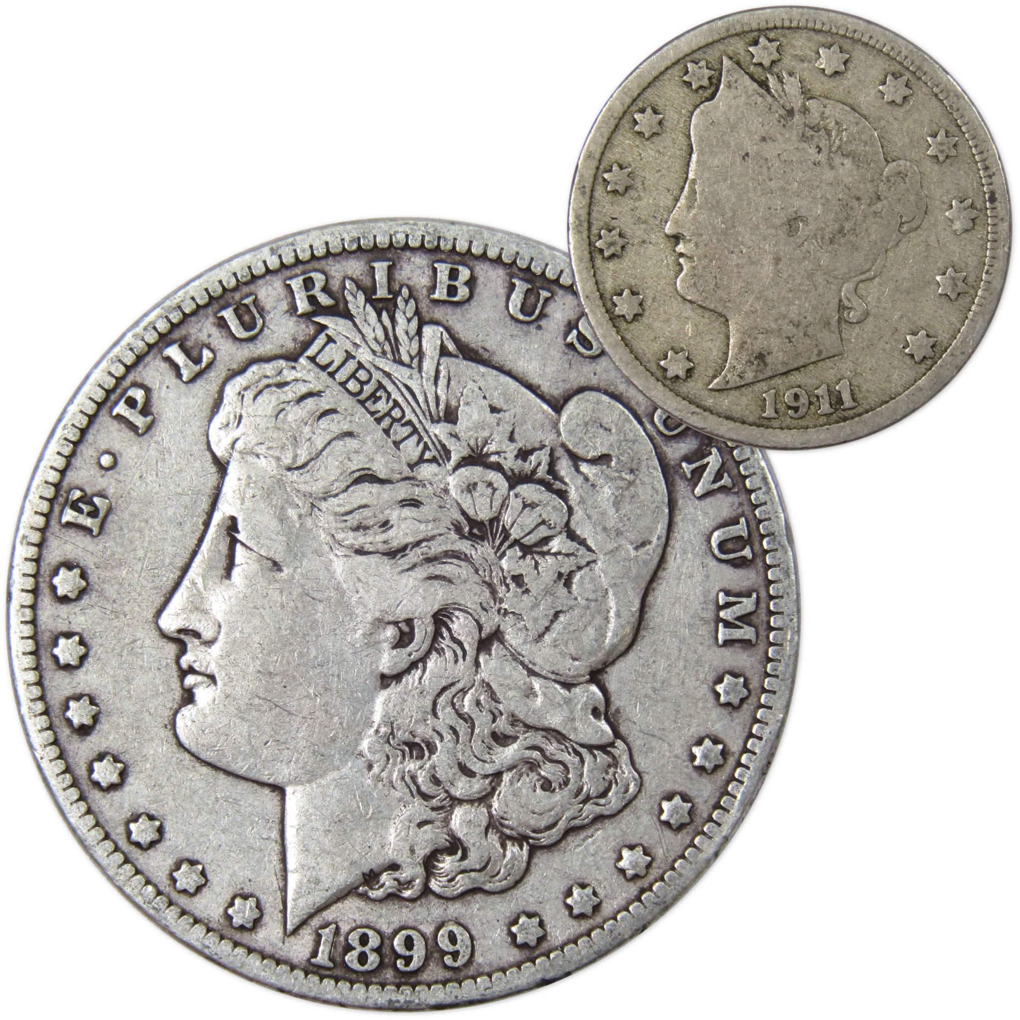 1899 O Morgan Dollar VF Very Fine 90% Silver with 1911 Liberty Nickel G Good - Morgan coin - Morgan silver dollar - Morgan silver dollar for sale - Profile Coins &amp; Collectibles