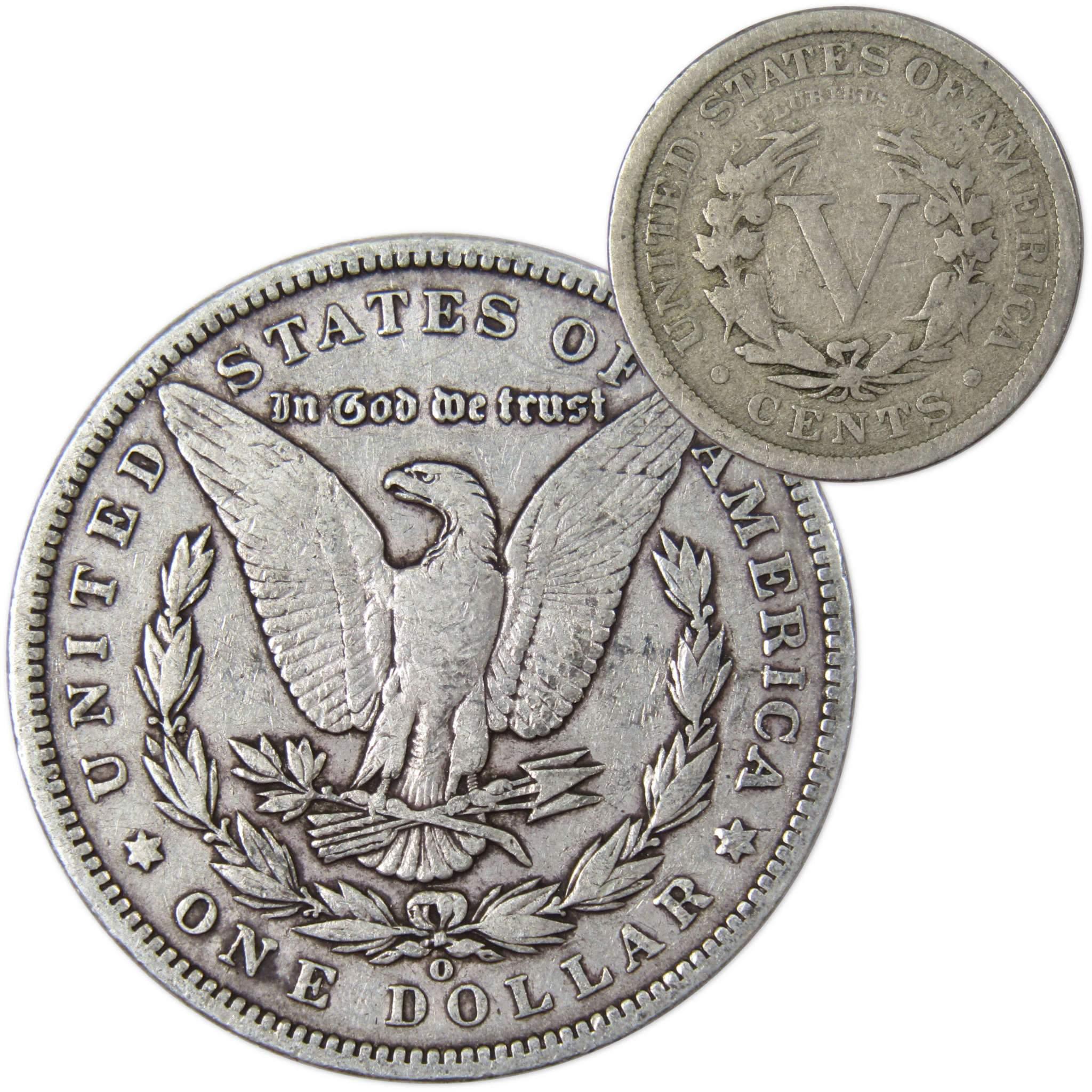 1899 O Morgan Dollar VF Very Fine 90% Silver with 1911 Liberty Nickel G Good - Morgan coin - Morgan silver dollar - Morgan silver dollar for sale - Profile Coins &amp; Collectibles