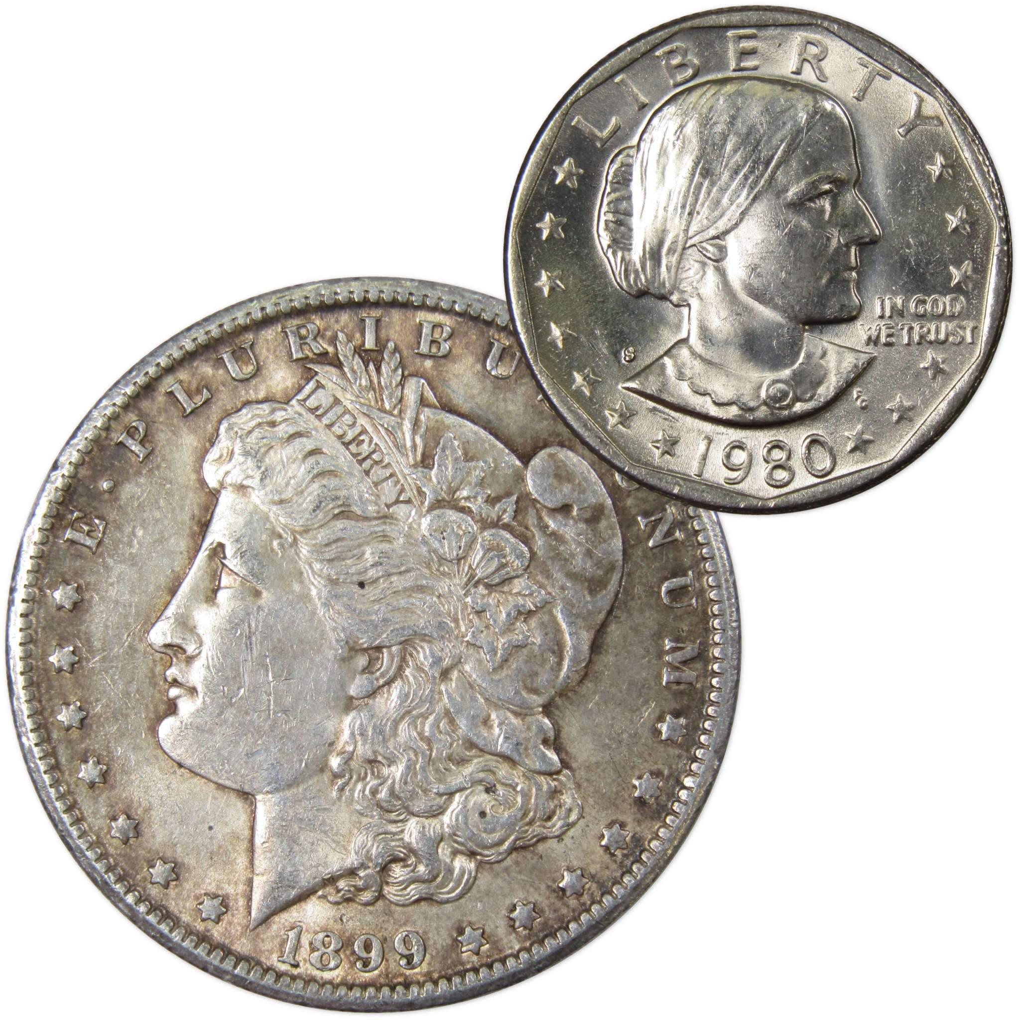 1899 O Morgan Dollar AU About Uncirculated with 1980 S SBA$ BU Uncirculated - Morgan coin - Morgan silver dollar - Morgan silver dollar for sale - Profile Coins &amp; Collectibles