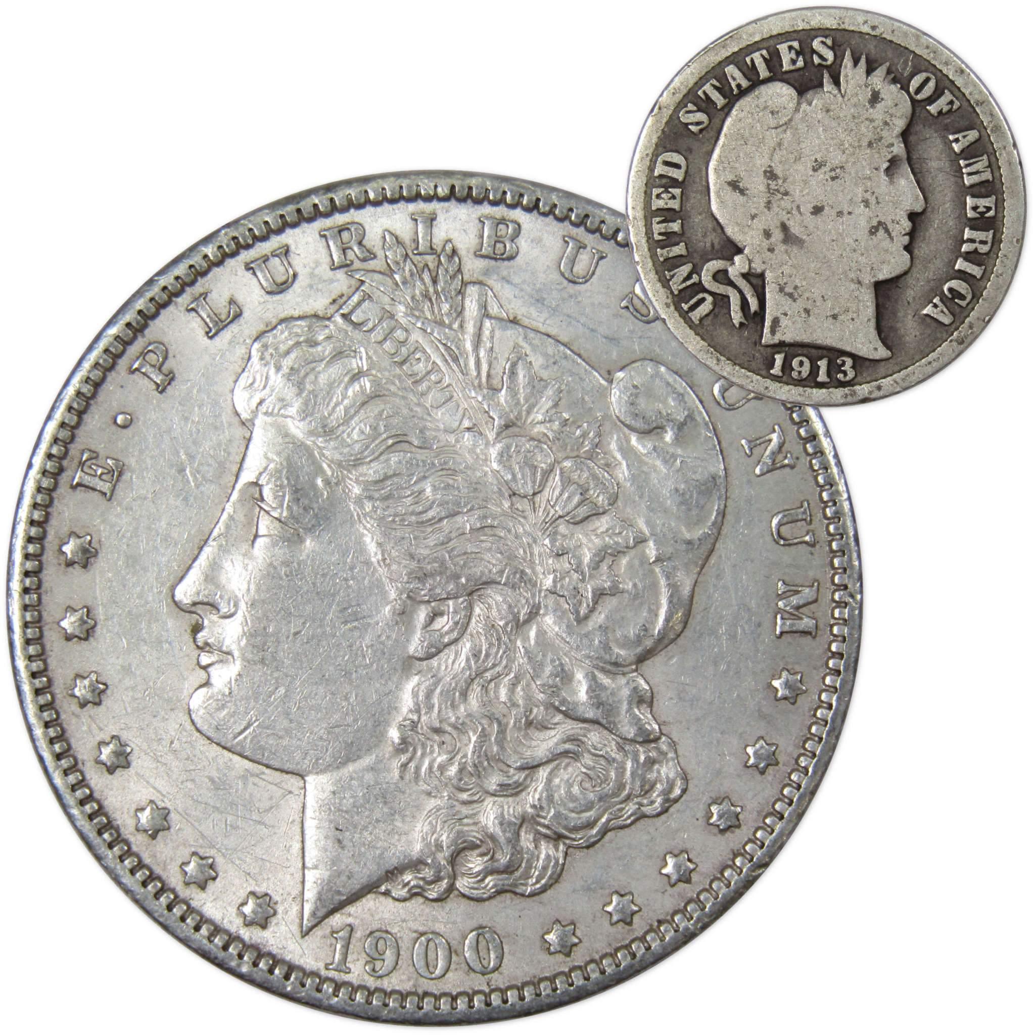 1900 Morgan Dollar XF EF Extremely Fine 90% Silver with 1913 Barber Dime G Good - Morgan coin - Morgan silver dollar - Morgan silver dollar for sale - Profile Coins &amp; Collectibles