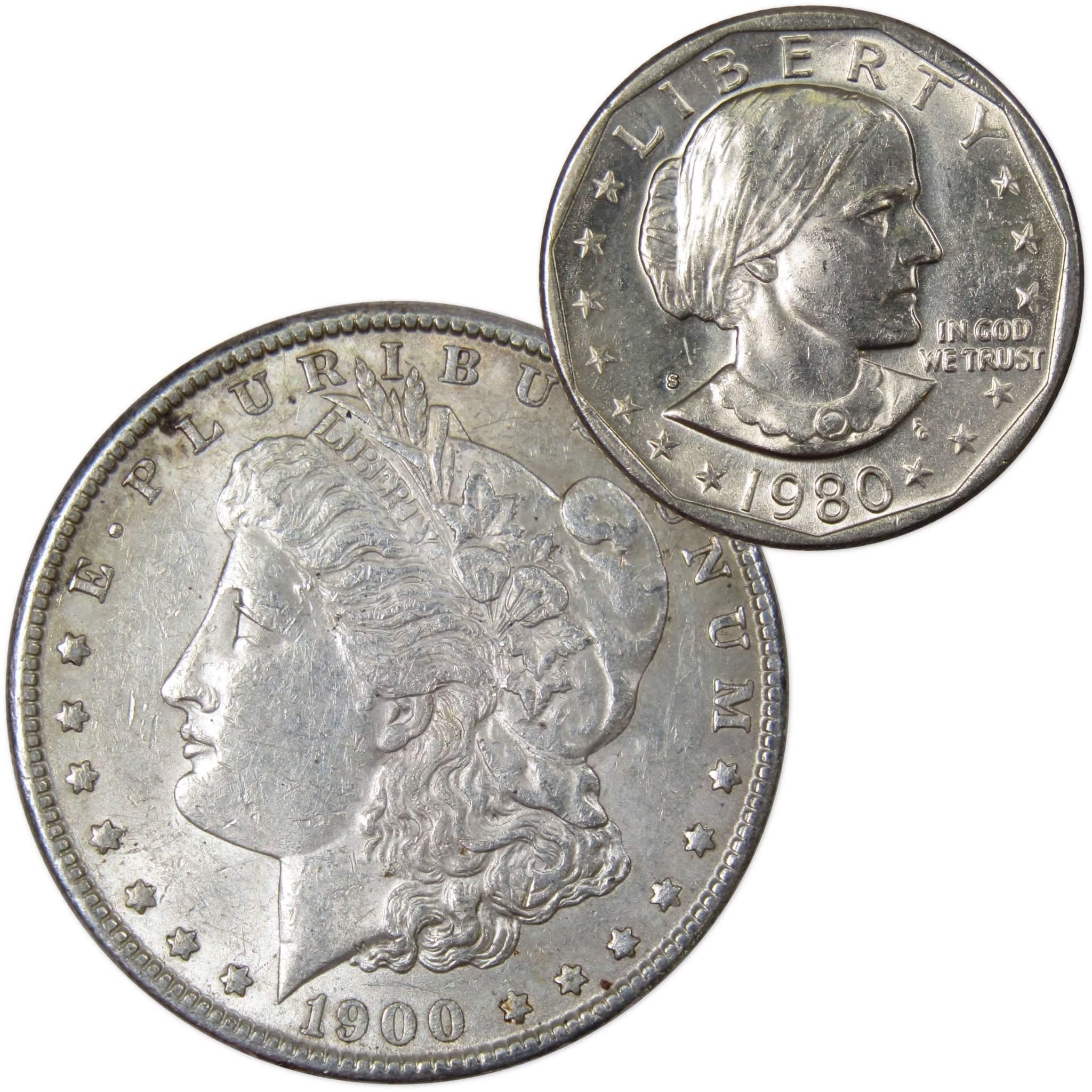 1900 Morgan Dollar AU About Uncirculated with 1980 S SBA$ BU Uncirculated - Morgan coin - Morgan silver dollar - Morgan silver dollar for sale - Profile Coins &amp; Collectibles
