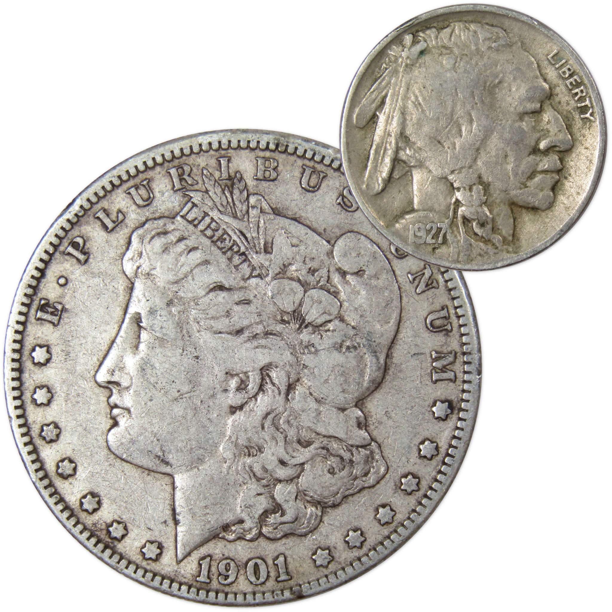 1901 O Morgan Dollar VG Very Good 90% Silver with 1927 Buffalo Nickel F Fine - Morgan coin - Morgan silver dollar - Morgan silver dollar for sale - Profile Coins &amp; Collectibles