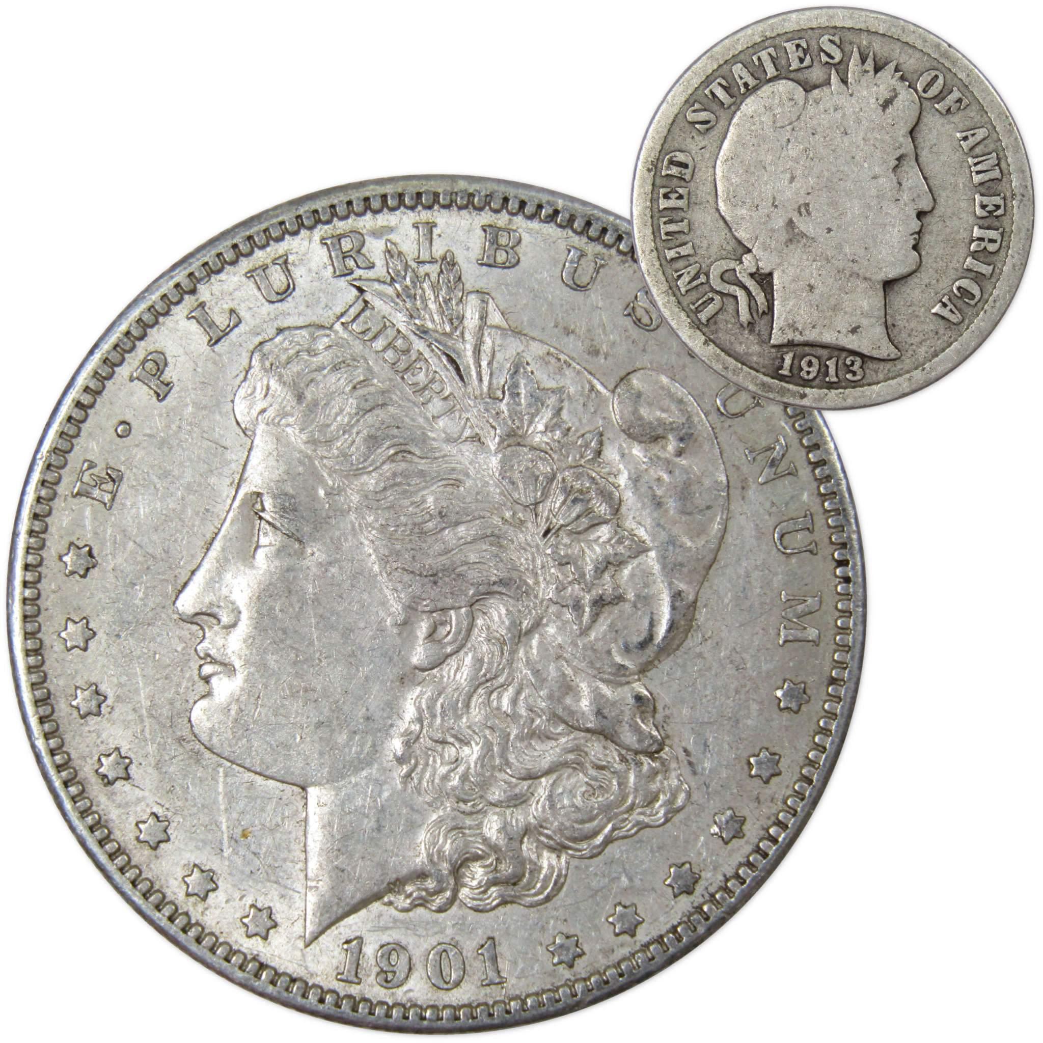 1901 O Morgan Dollar XF EF Extremely Fine with 1913 Barber Dime G Good - Morgan coin - Morgan silver dollar - Morgan silver dollar for sale - Profile Coins &amp; Collectibles
