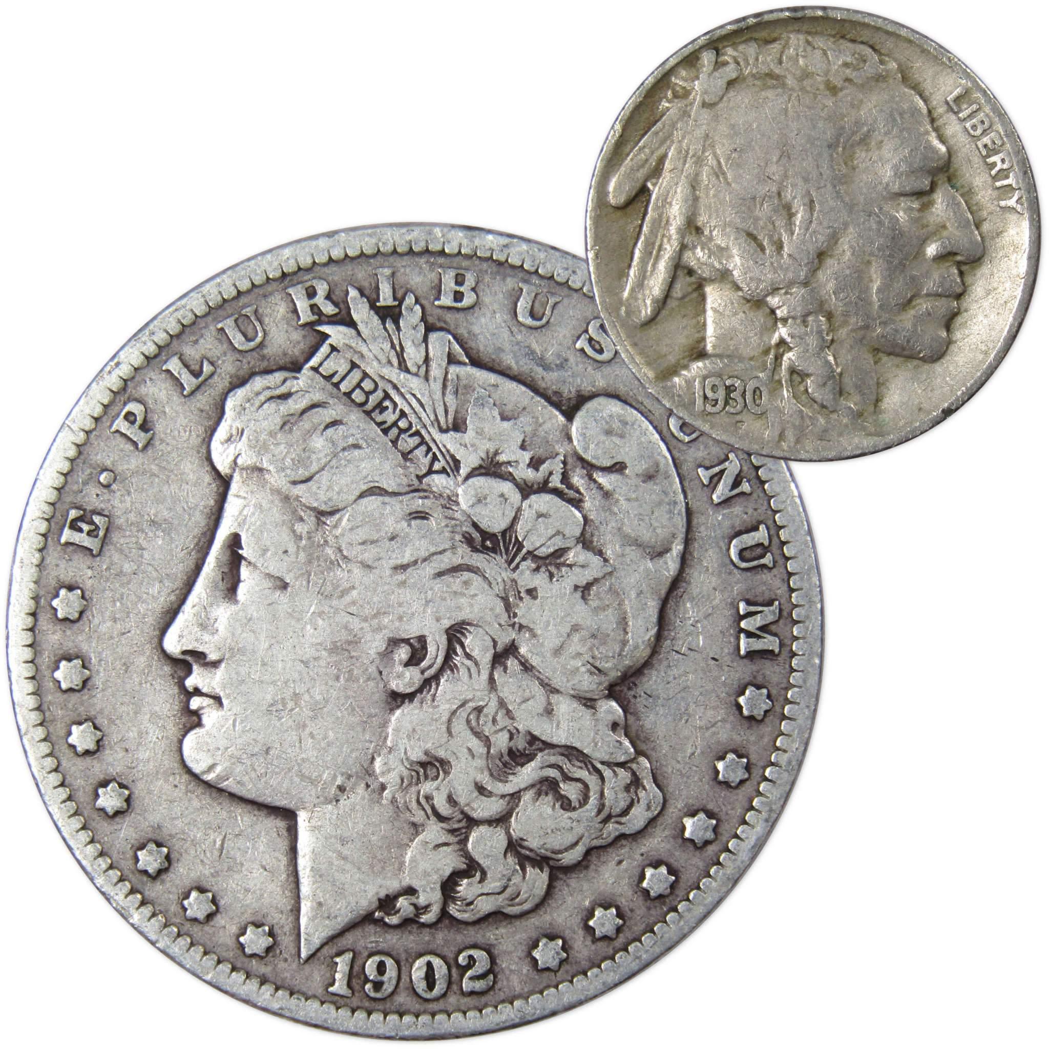 1902 Morgan Dollar VG Very Good 90% Silver with 1930 S Buffalo Nickel F Fine - Morgan coin - Morgan silver dollar - Morgan silver dollar for sale - Profile Coins &amp; Collectibles