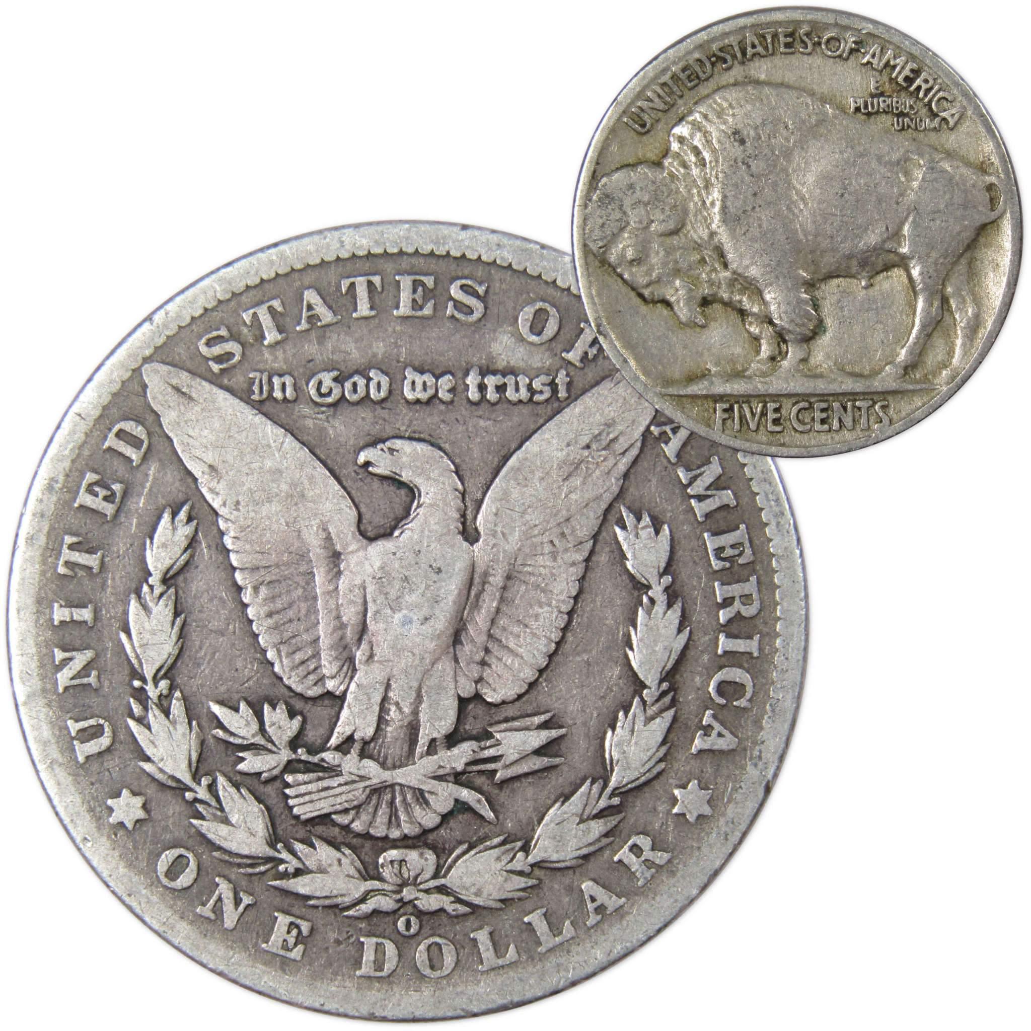 1902 O Morgan Dollar VG Very Good 90% Silver with 1934 Buffalo Nickel F Fine - Morgan coin - Morgan silver dollar - Morgan silver dollar for sale - Profile Coins &amp; Collectibles
