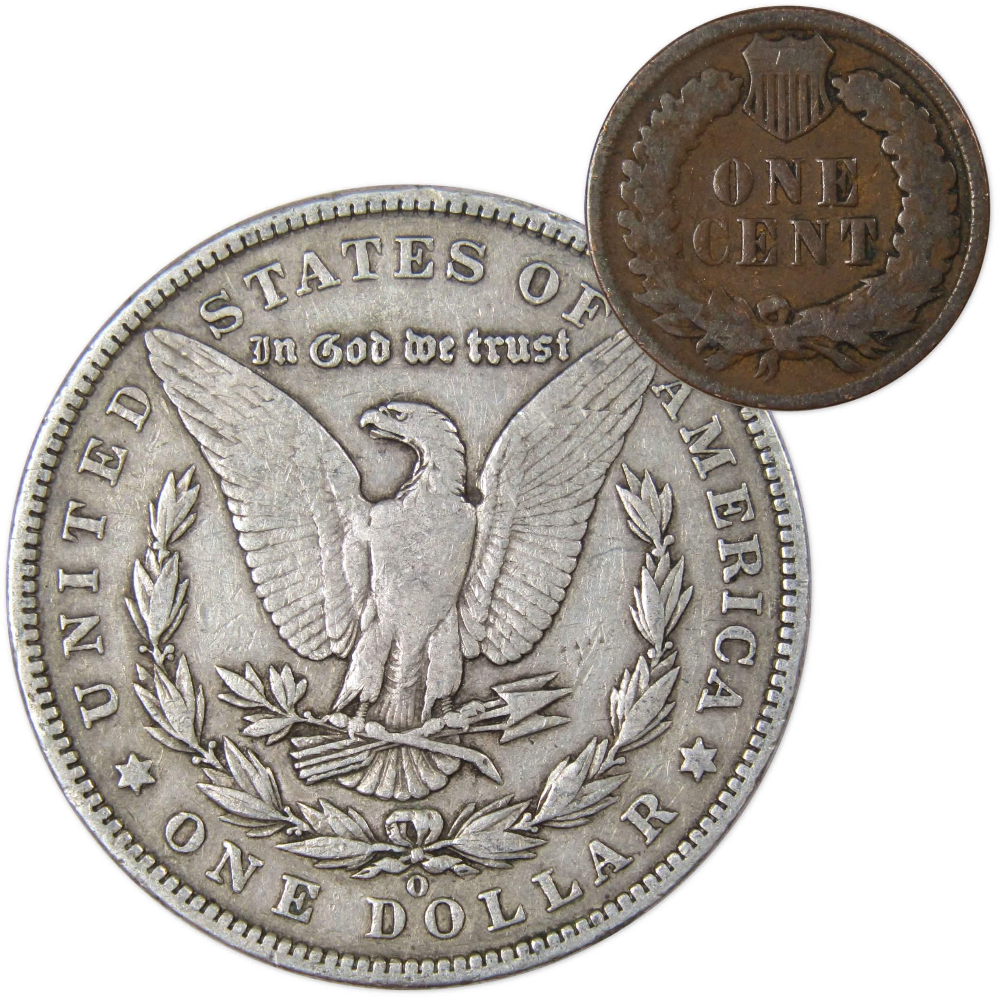 1902 O Morgan Dollar F Fine 90% Silver Coin with 1901 Indian Head Cent G Good - Morgan coin - Morgan silver dollar - Morgan silver dollar for sale - Profile Coins &amp; Collectibles