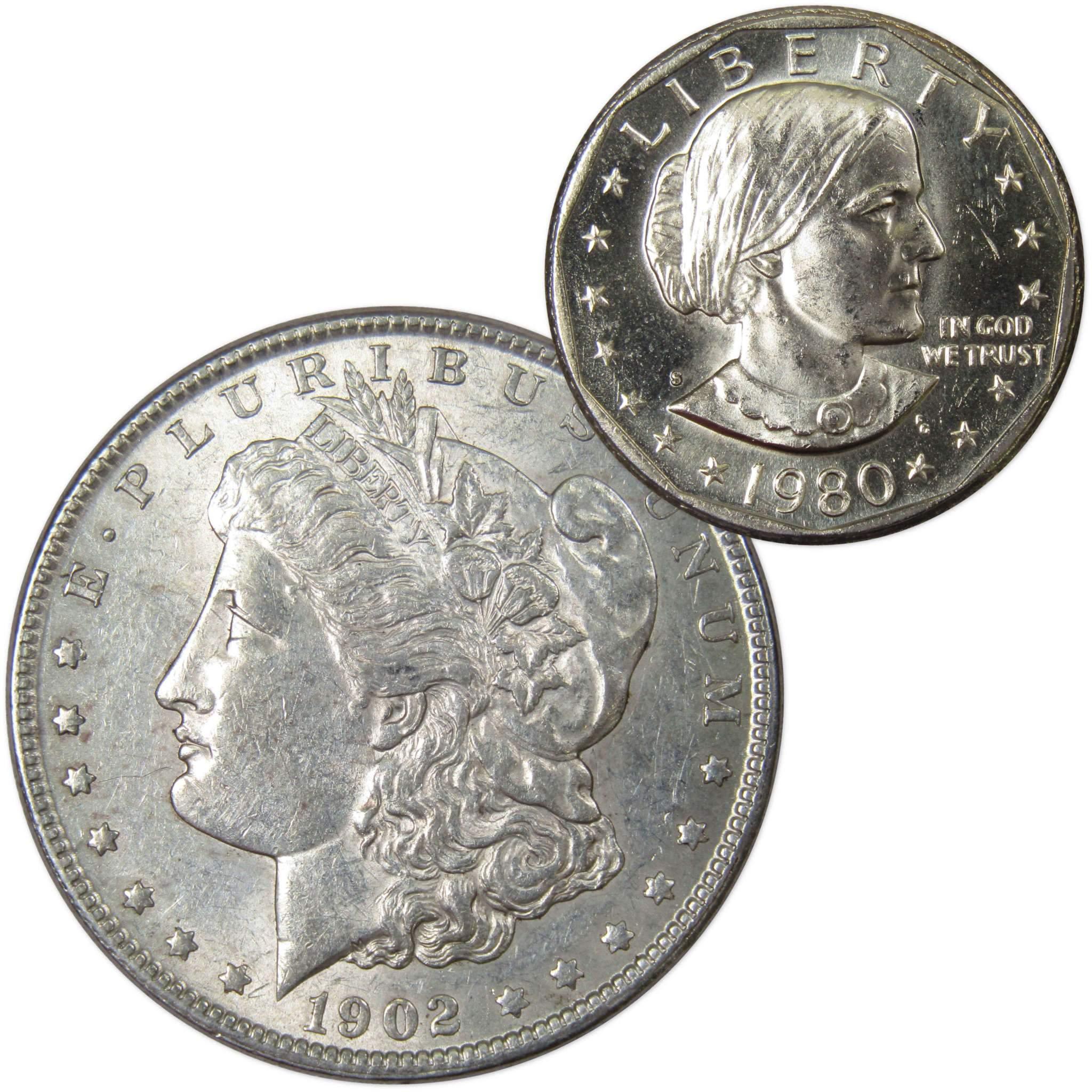 1902 O Morgan Dollar AU About Uncirculated with 1980 S SBA$ BU Uncirculated - Morgan coin - Morgan silver dollar - Morgan silver dollar for sale - Profile Coins &amp; Collectibles