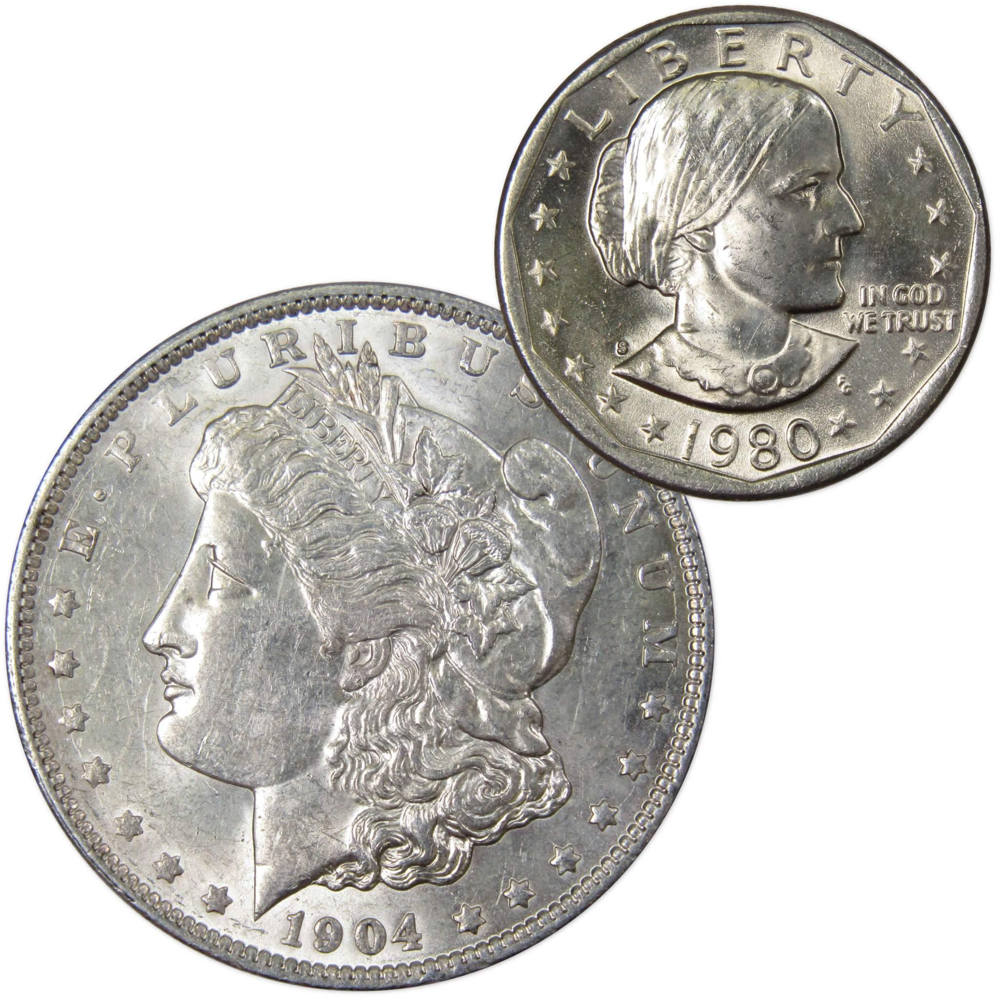 1904 O Morgan Dollar AU About Uncirculated with 1980 S SBA$ BU Uncirculated - Morgan coin - Morgan silver dollar - Morgan silver dollar for sale - Profile Coins &amp; Collectibles