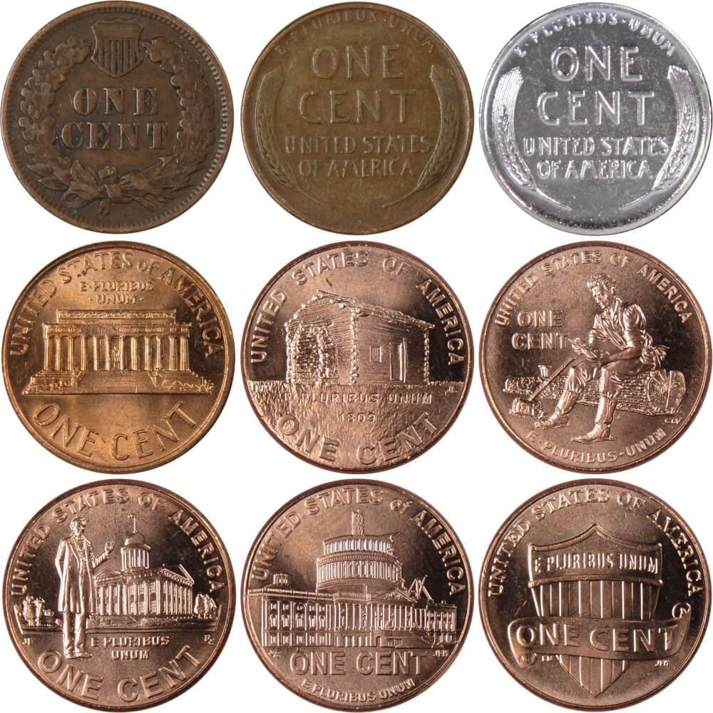 150 Years of Penny Designs Indian and Lincoln Cent 9 Coin Set 1c Collectible