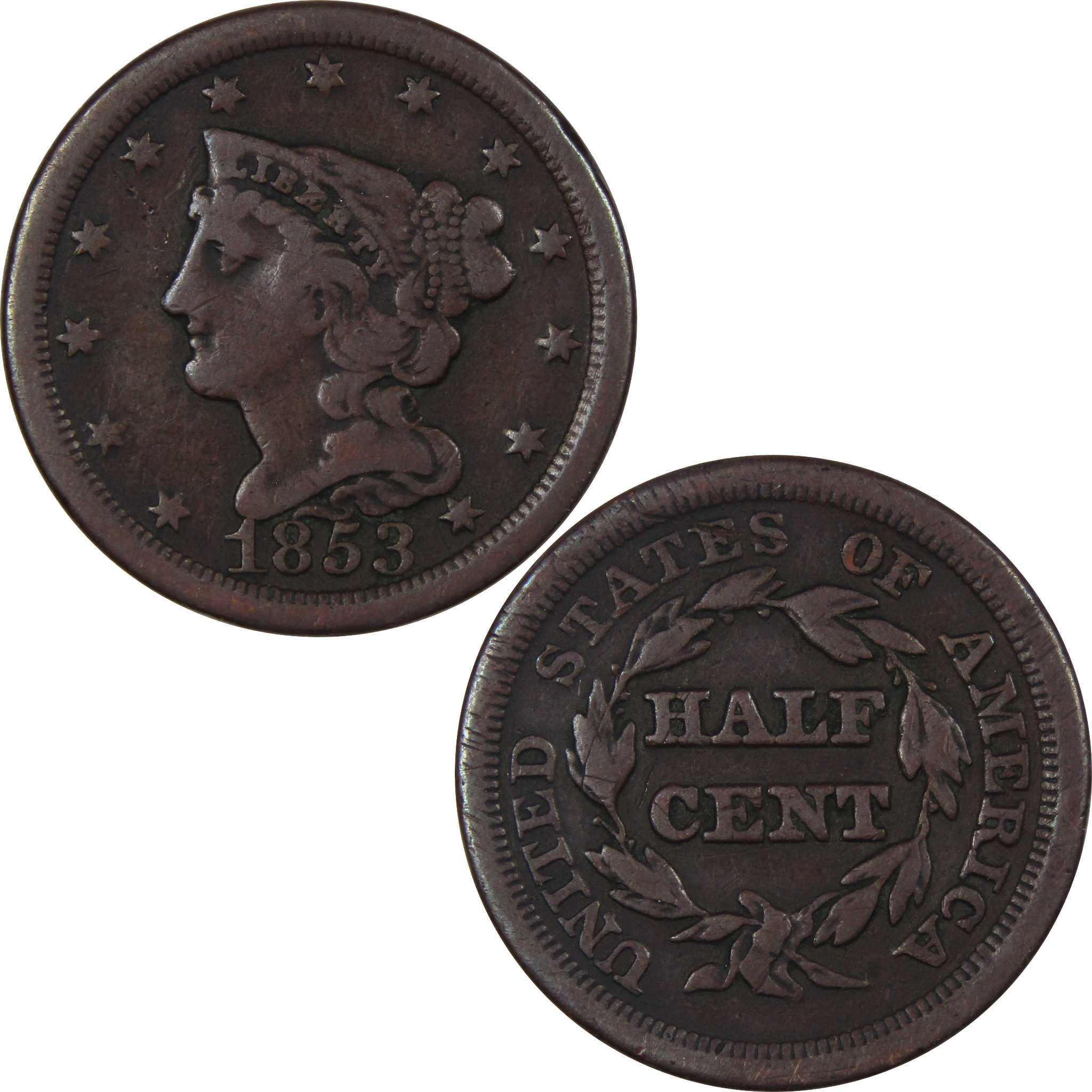 1853 Braided Hair Large Cent F Fine Copper Penny 1c SKU:IPC9153