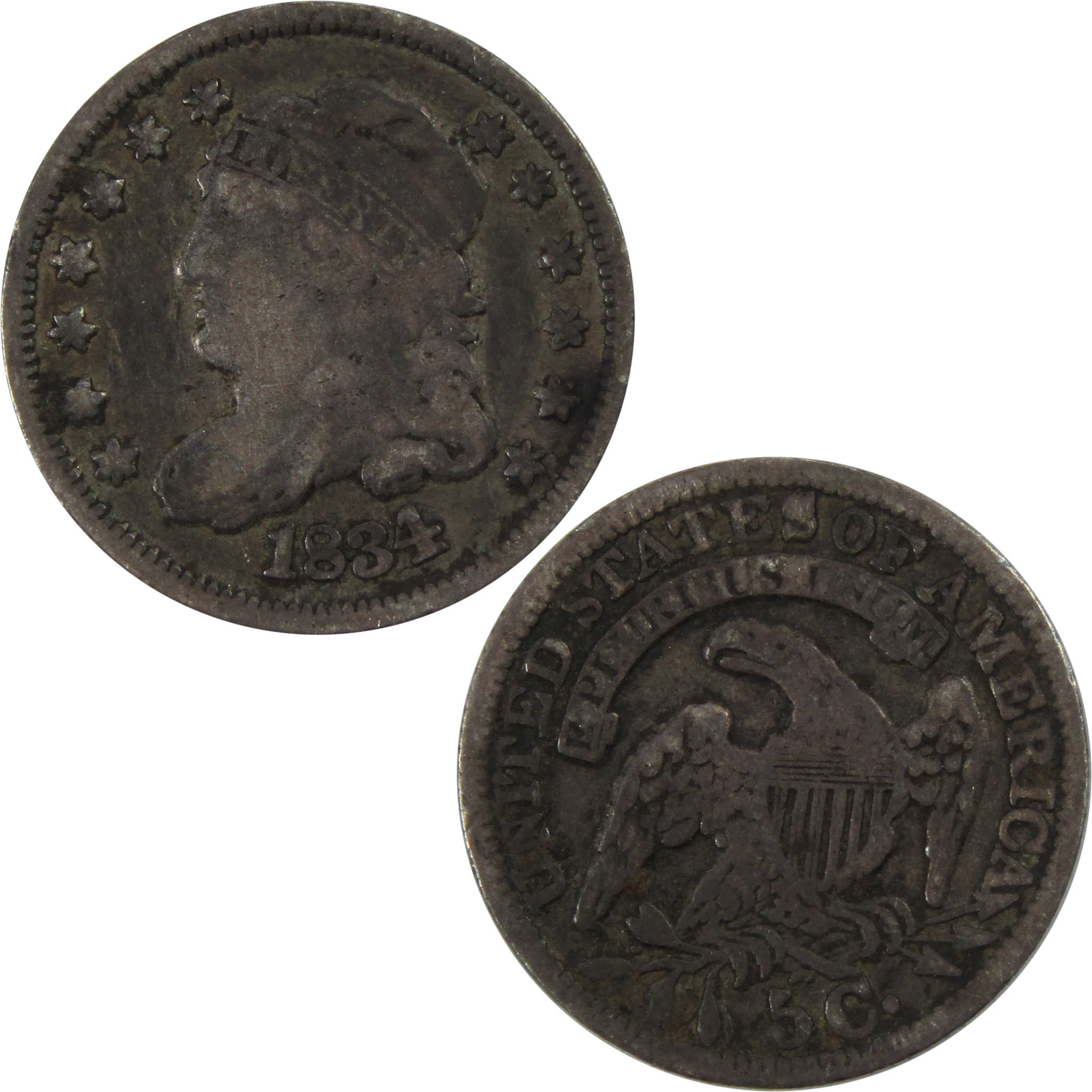 1834 Capped Bust Half Dime F Fine 89.24% Silver 5c Coin SKU:I7236