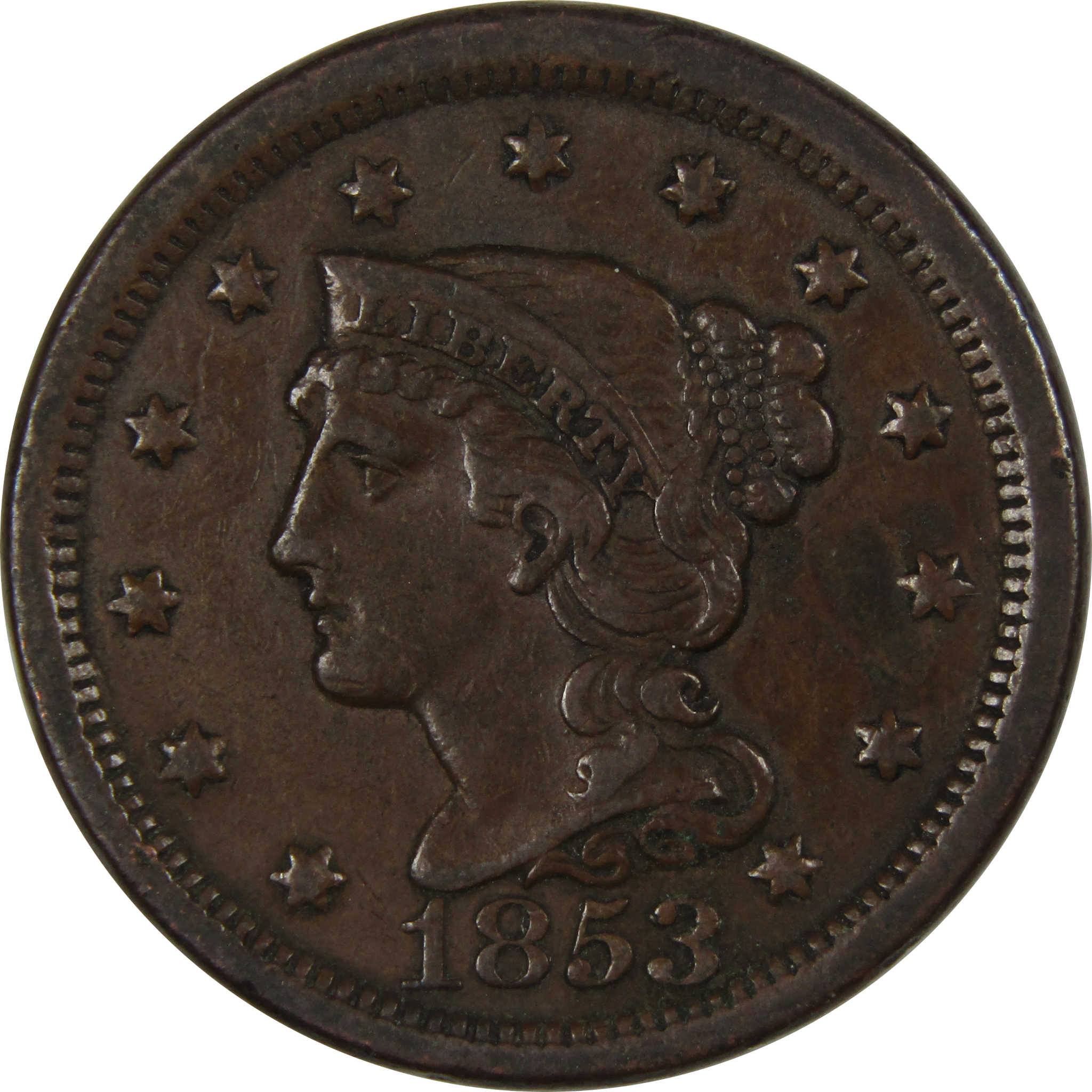 1853 Braided Hair Large Cent Extremely Fine Copper Penny Coin SKU:I219