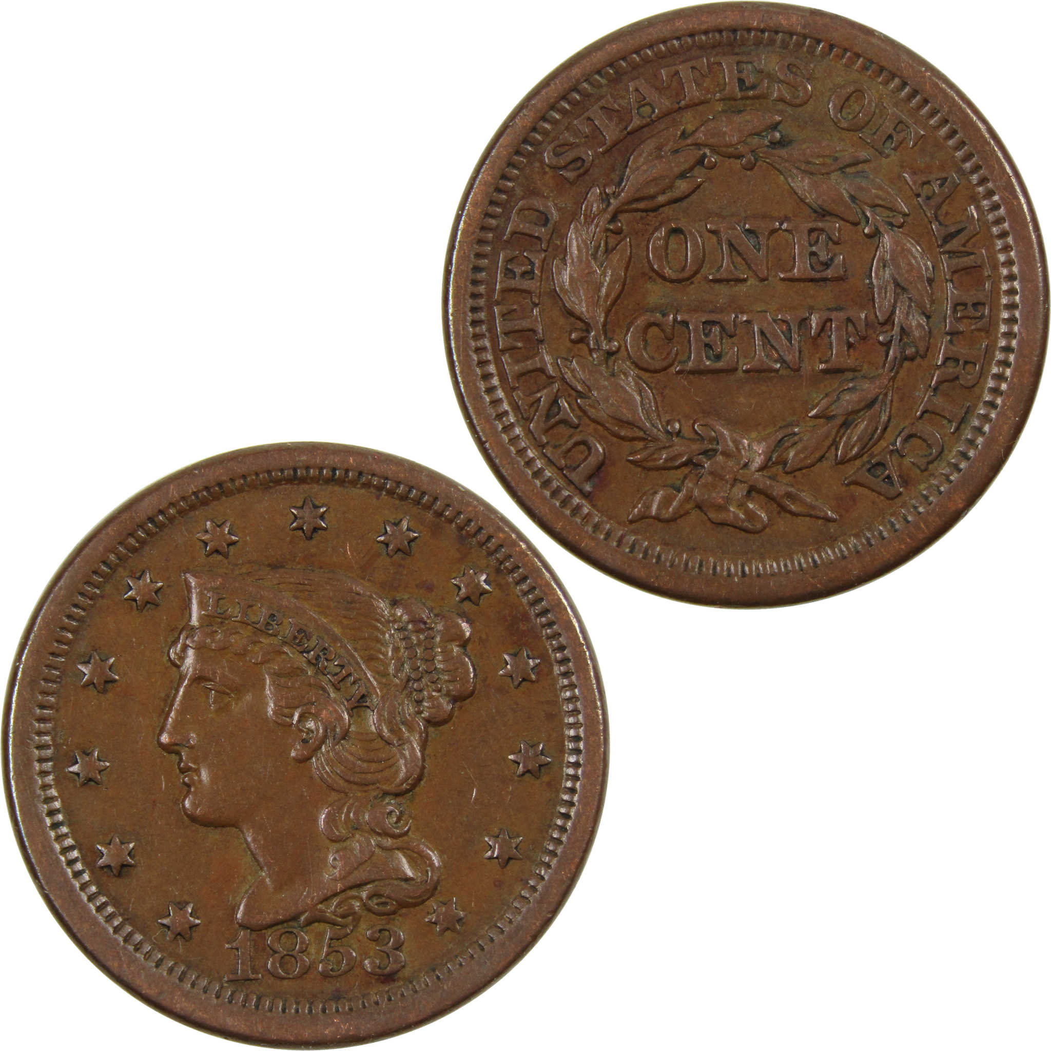 1853 Braided Hair Large Cent AU About Uncirculated Copper 1c SKU:I4286