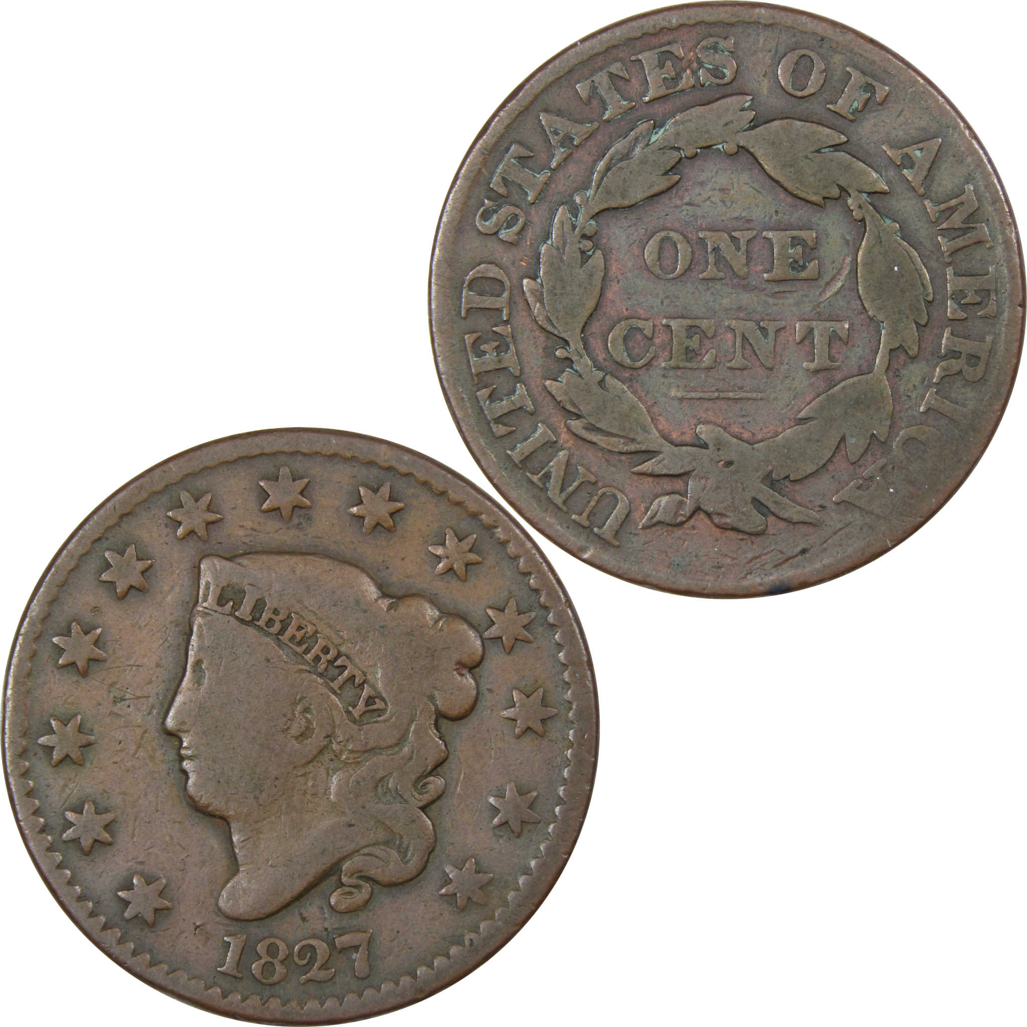 1827 Coronet Head Large Cent VG Very Good Copper Penny 1c SKU:IPC6038