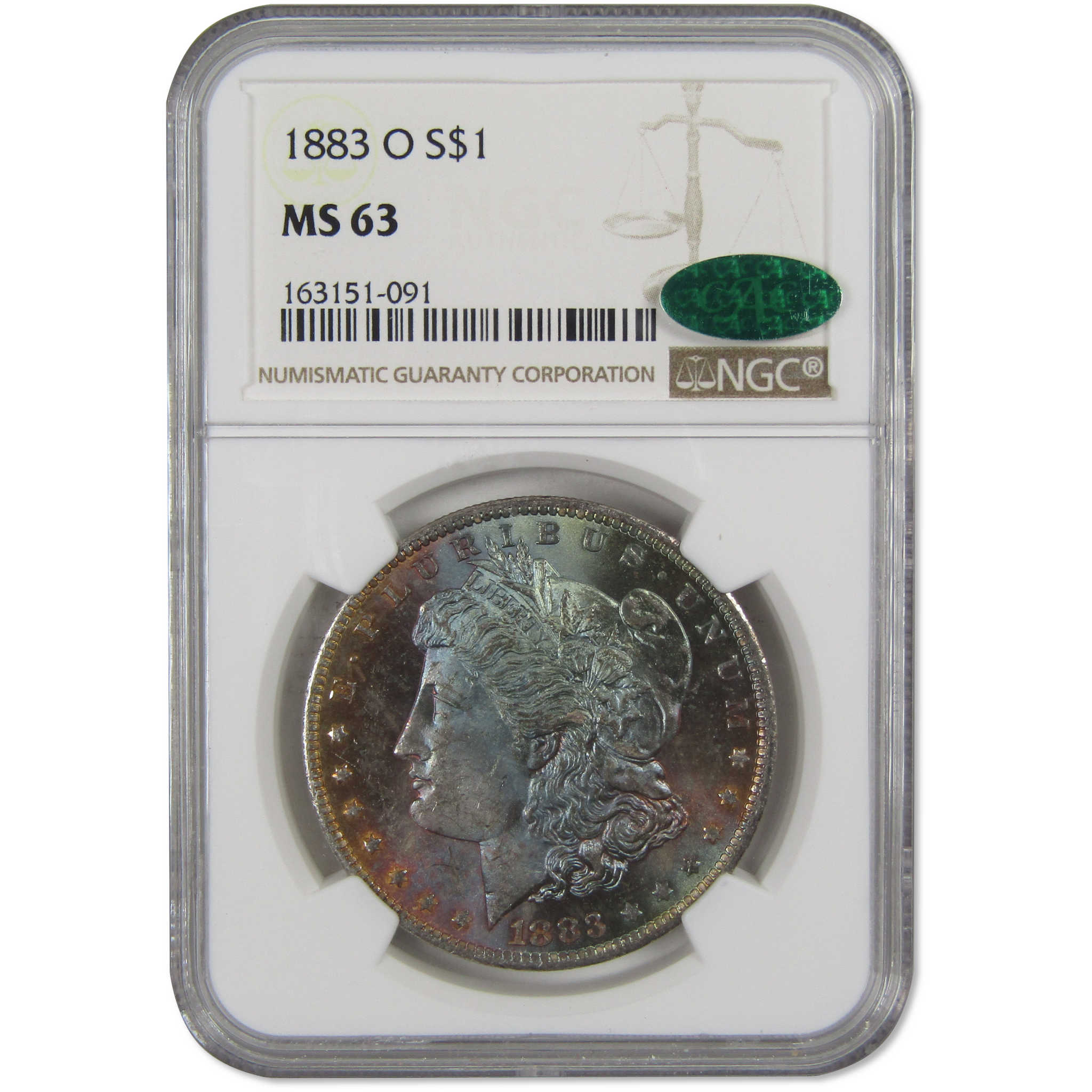 1883 O Morgan Dollar MS 63 NGC CAC 90% Silver Rainbow Toned SKU:I3861