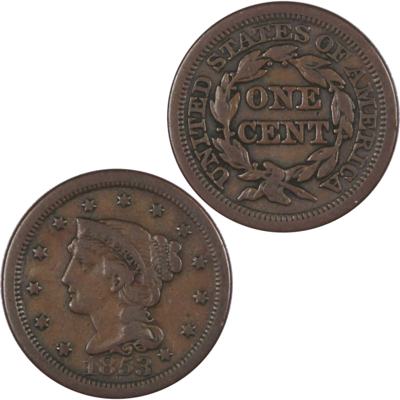 1853 Braided Hair Large Cent F Fine Copper Penny 1c US Type Coin Collectible