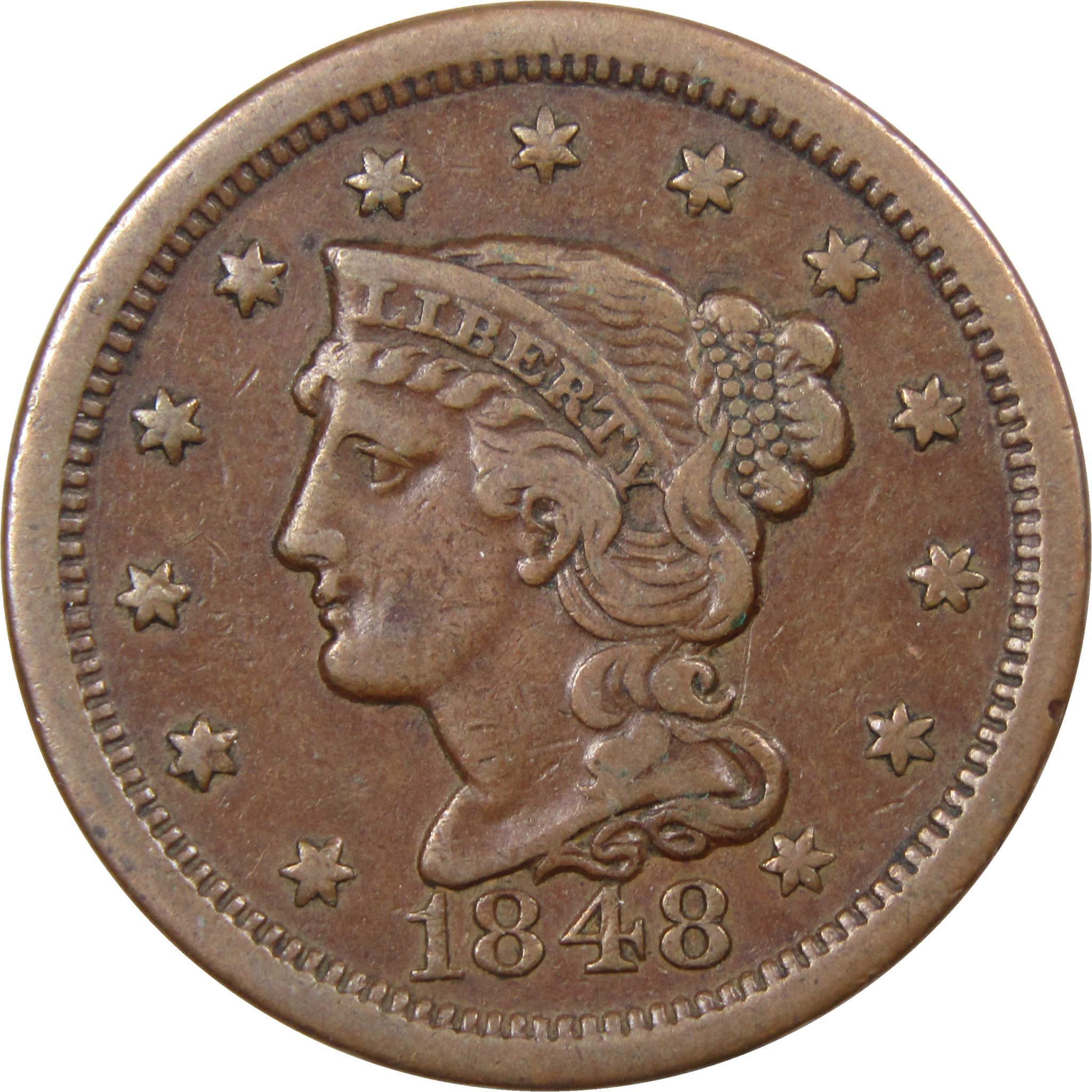 1848 Braided Hair Large Cent VF Very Fine Copper Penny Coin SKU:I2148