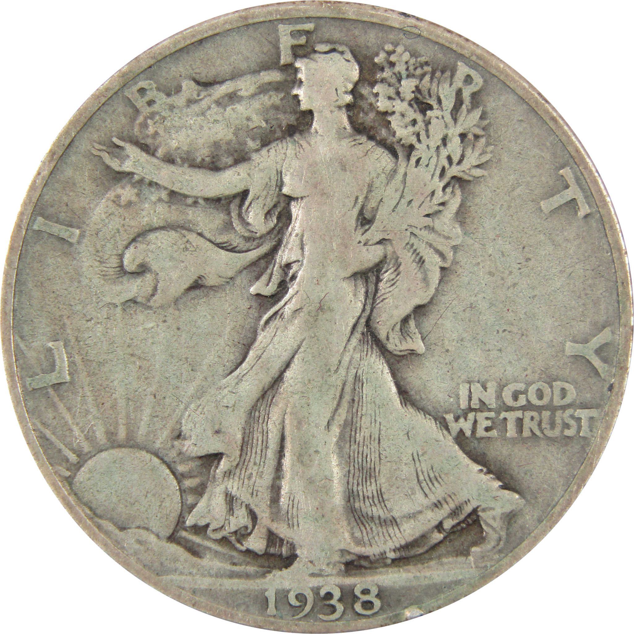 1938 D Liberty Walking Half Dollar F Fine 90% Silver 50c SKU:I7492