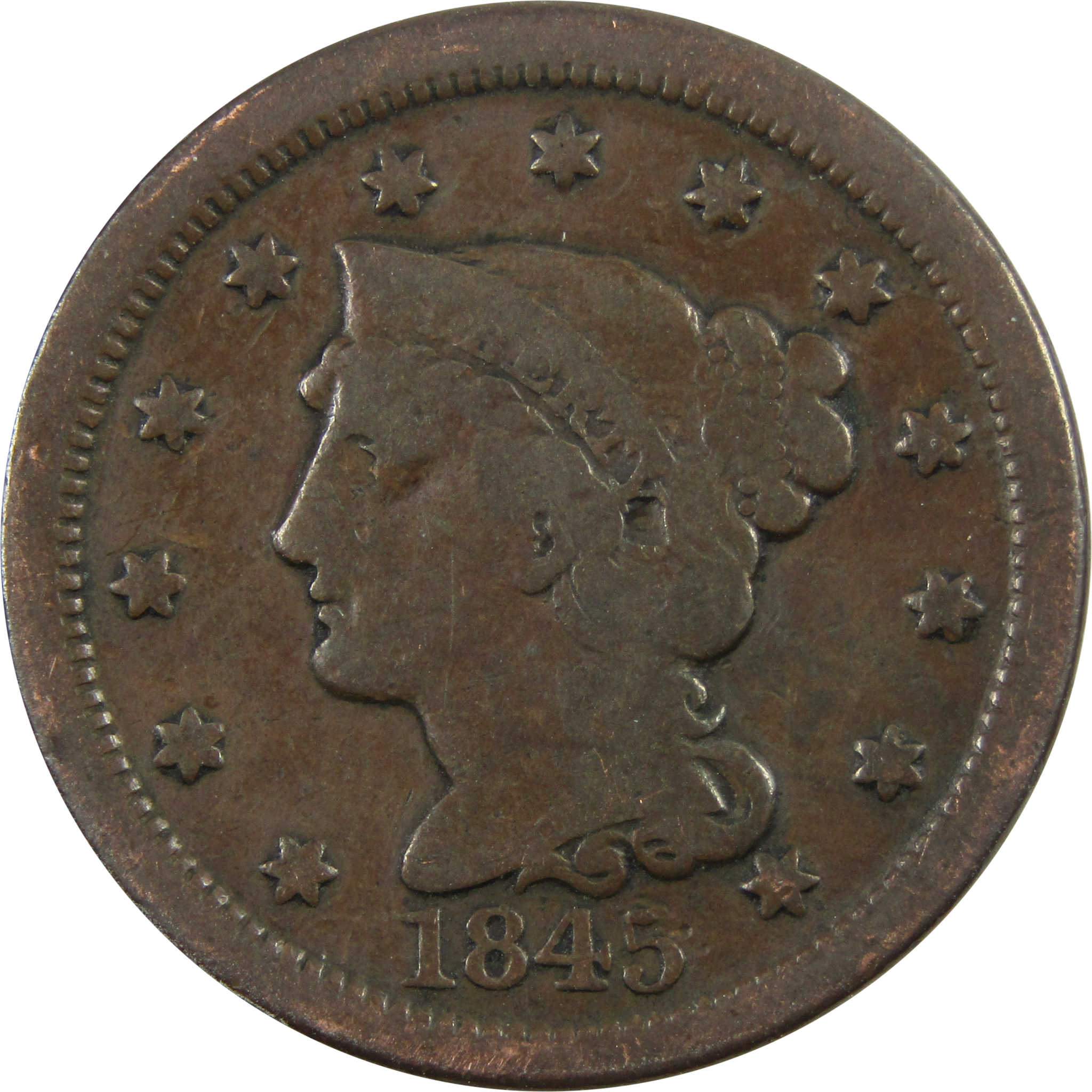 1845 Braided Hair Large Cent AG About Good Copper Penny SKU:I4682