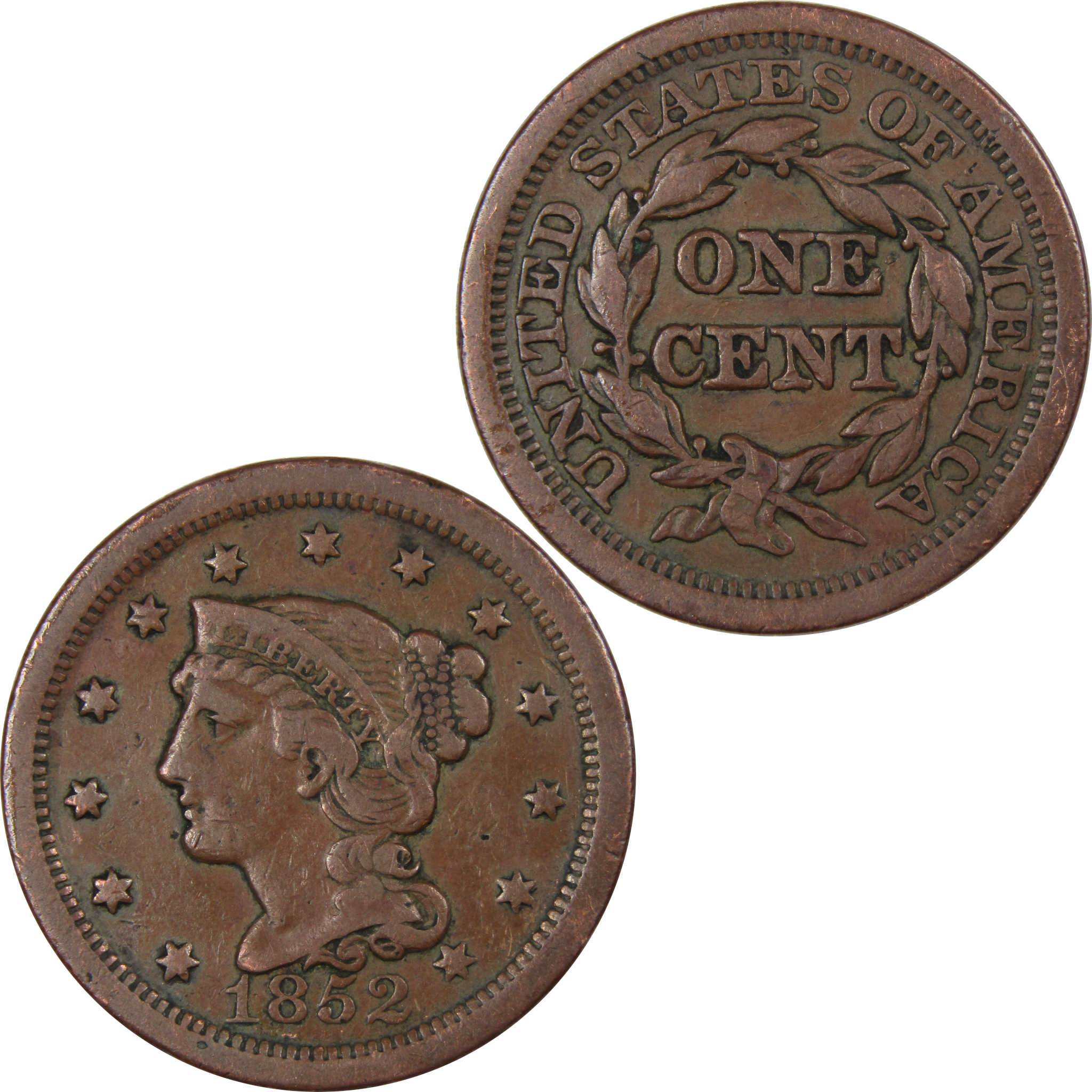 1852 Braided Hair Large Cent F Fine Copper Penny 1c SKU:IPC9021