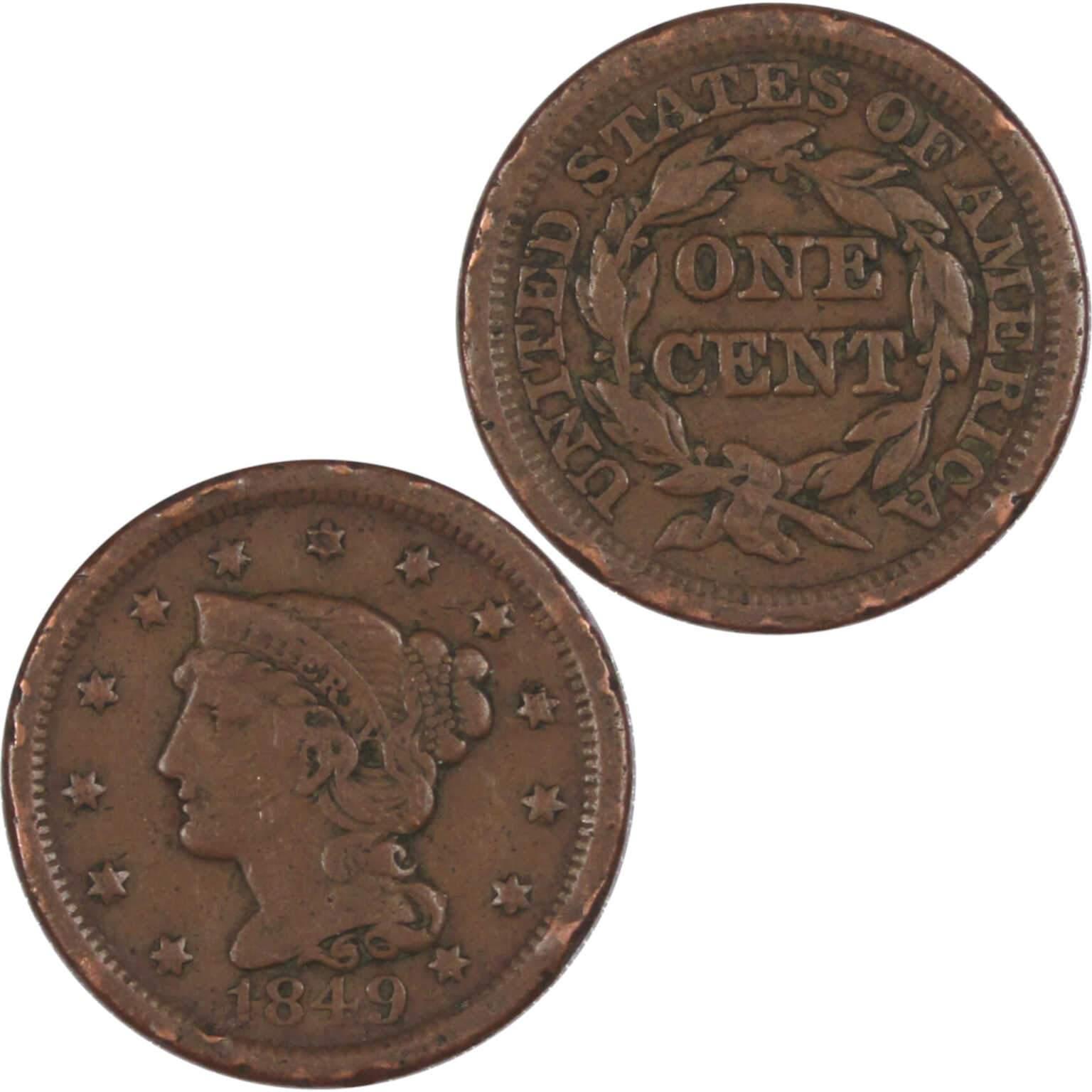 1849 Braided Hair Large Cent Copper Penny 1c US Type Coin Collectible