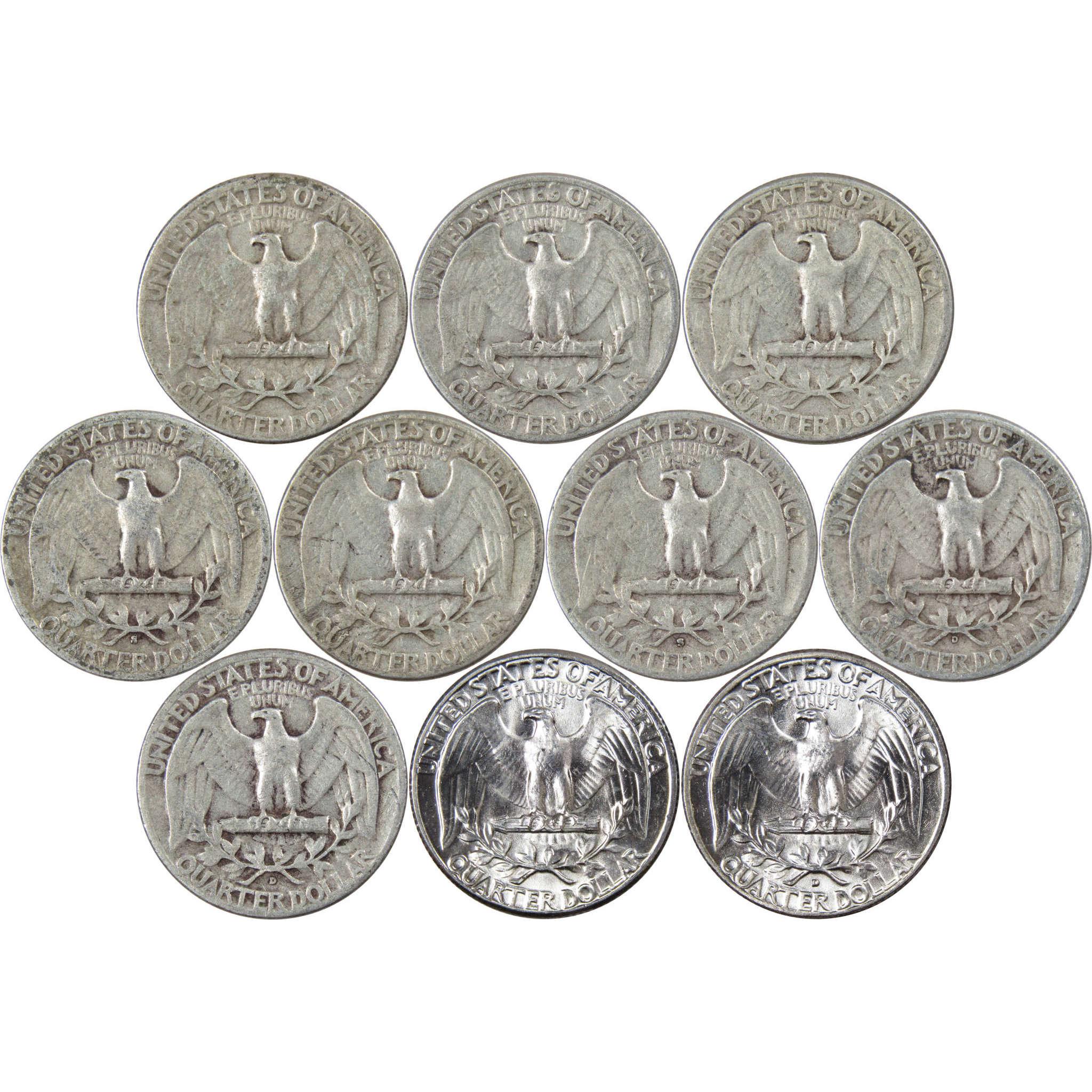 Washington Quarter 10 Coin Set F Fine 90% Silver 25c with Folder
