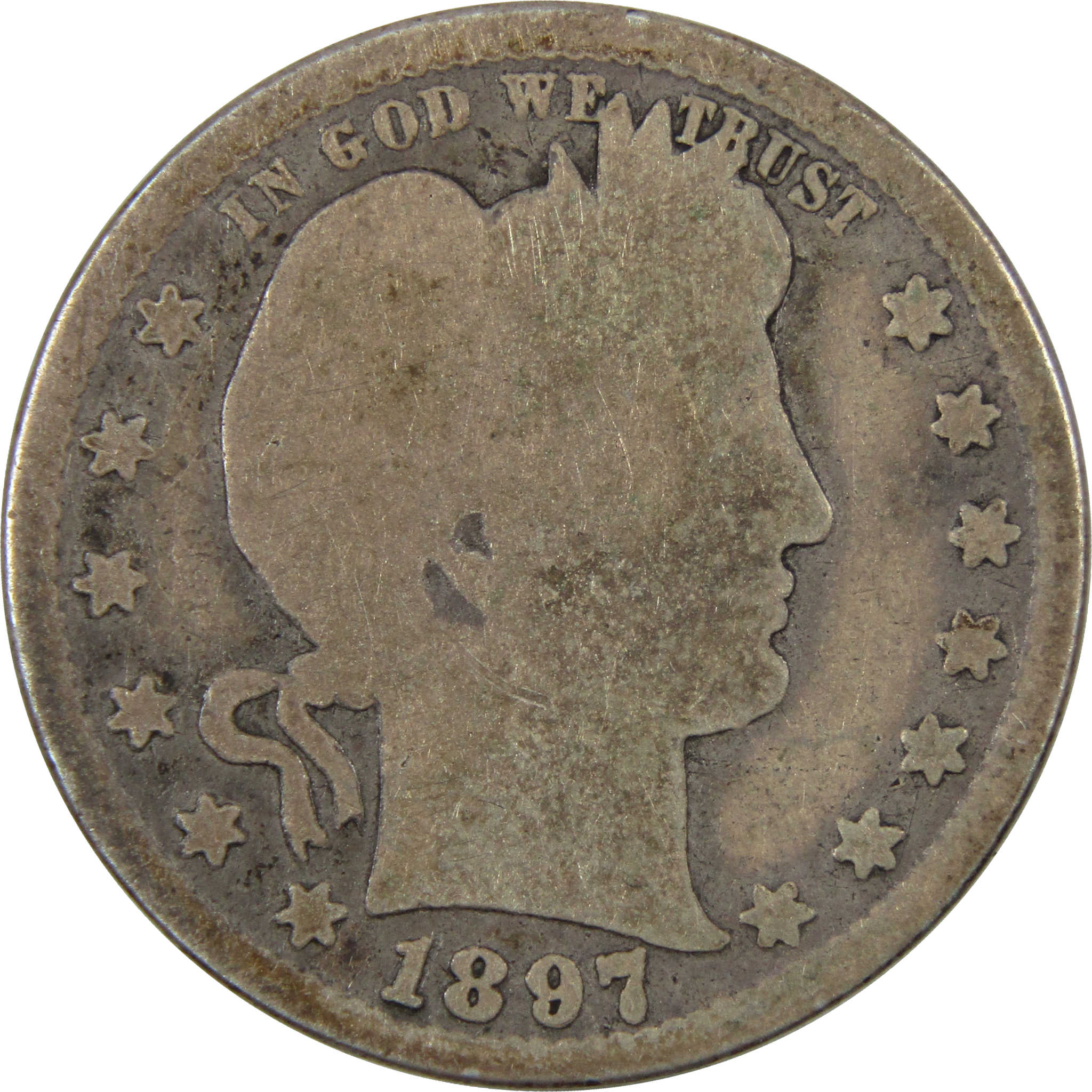 1897 S Barber Quarter G Good 90% Silver 25c Coin SKU:I5342