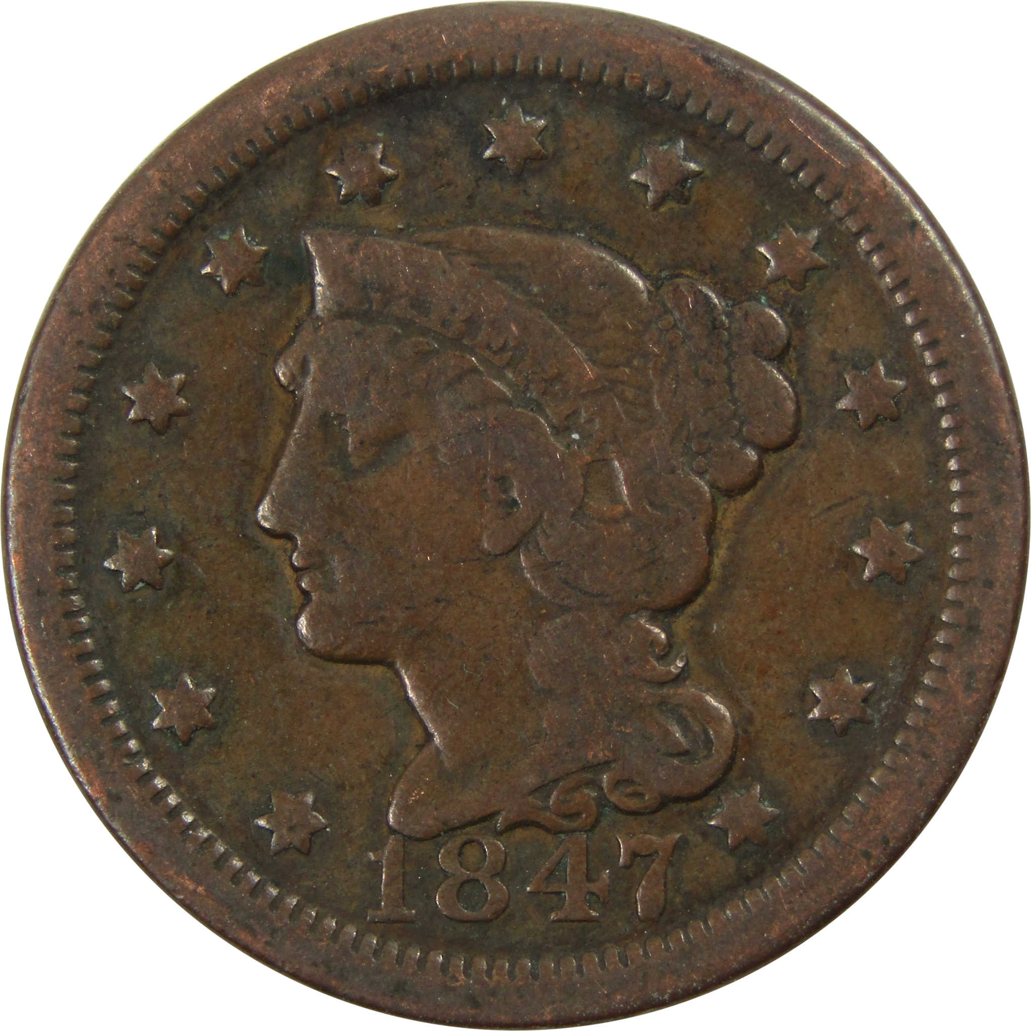 1847 Braided Hair Large Cent AG About Good Copper Penny SKU:I4677