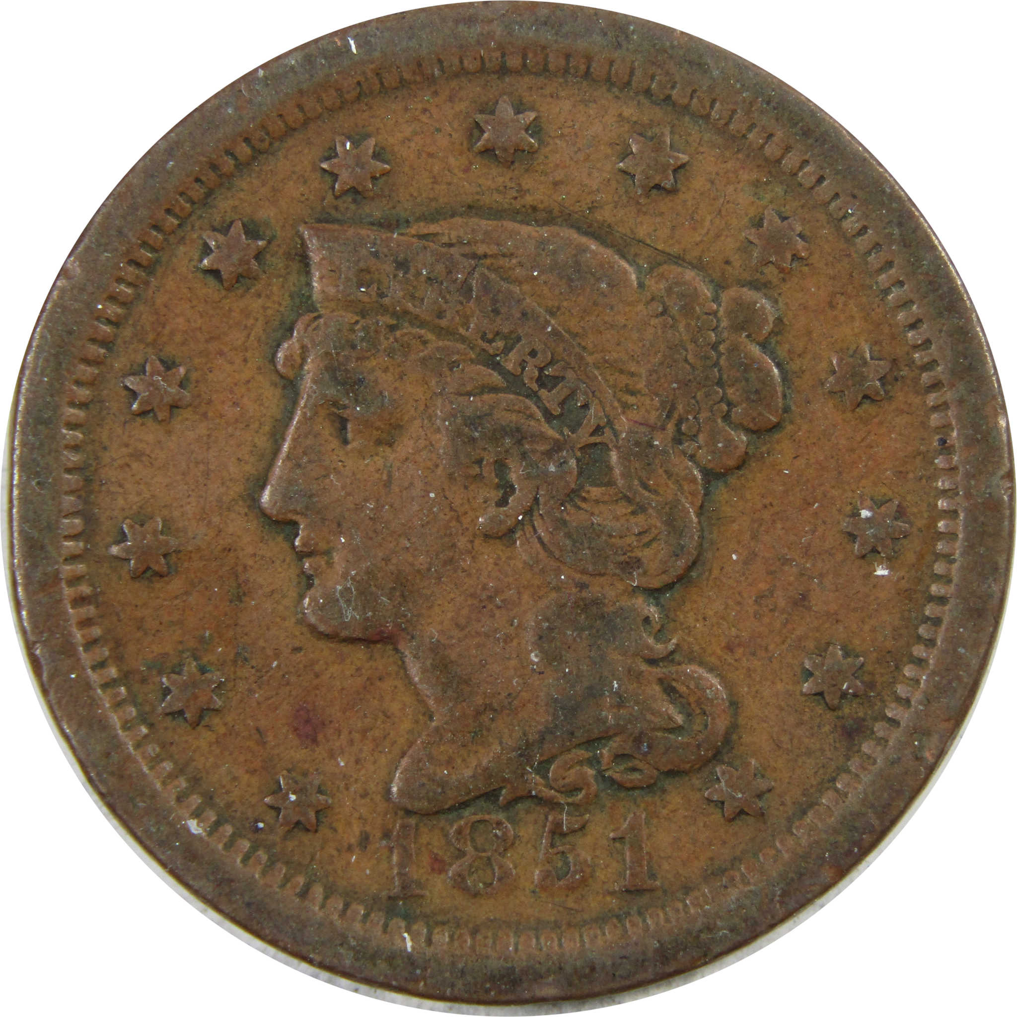 1851 Braided Hair Large Cent F Fine Copper Penny 1c Coin SKU:I5006
