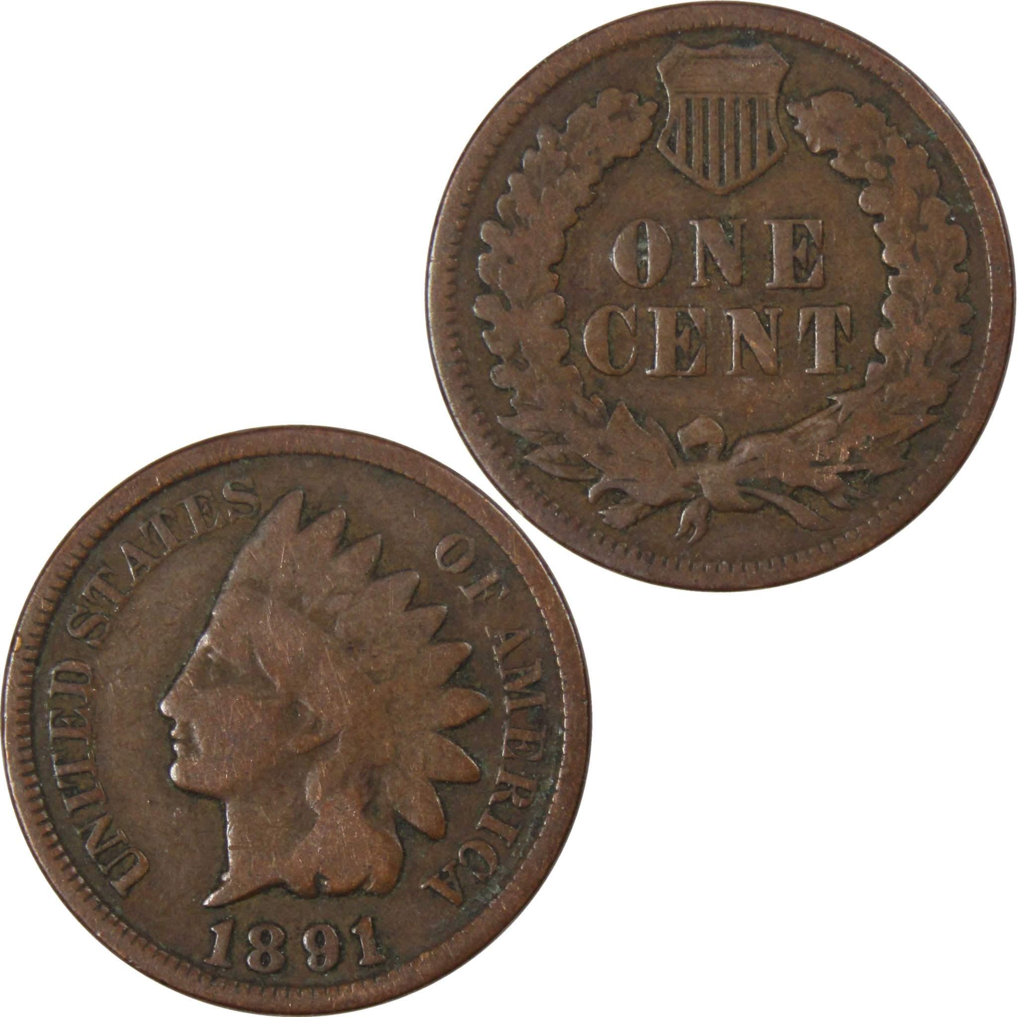 1891 Indian Head Cent AG About Good Bronze Penny 1c Coin Collectible