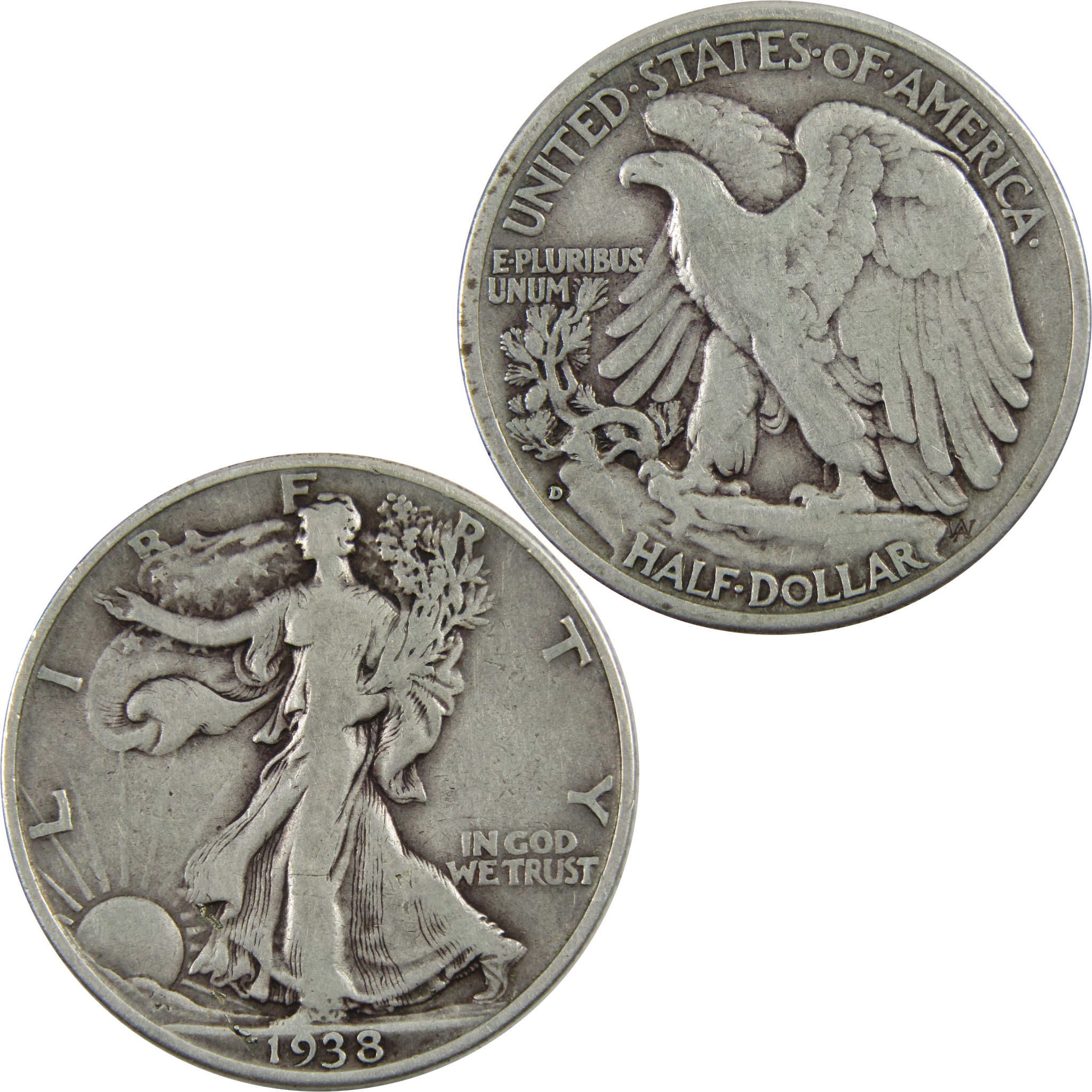 1938 D Liberty Walking Half Dollar F Fine 90% Silver 50c SKU:I4890