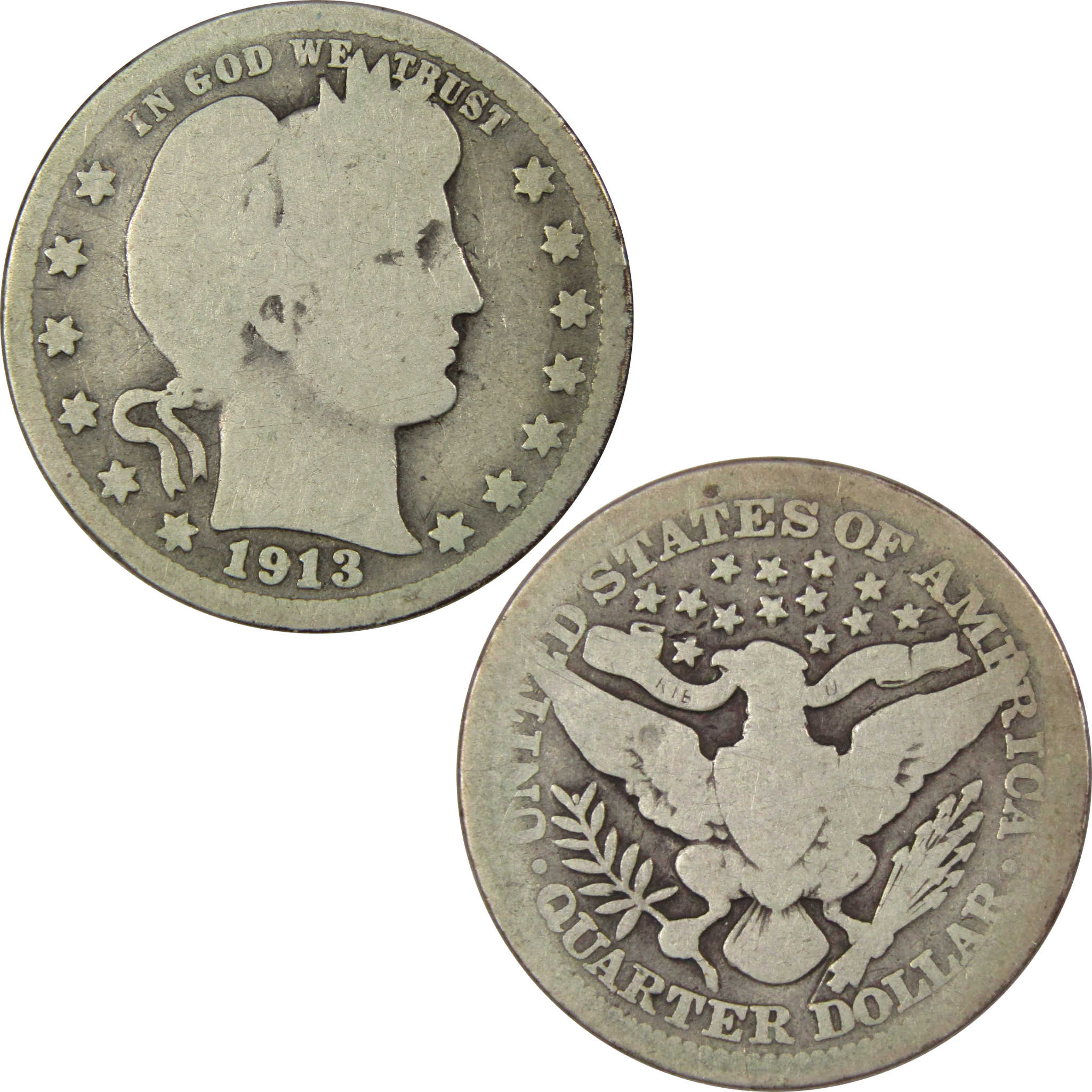 1913 Barber Quarter G Good 90% Silver 25c US Type Coin SKU:IPC7147