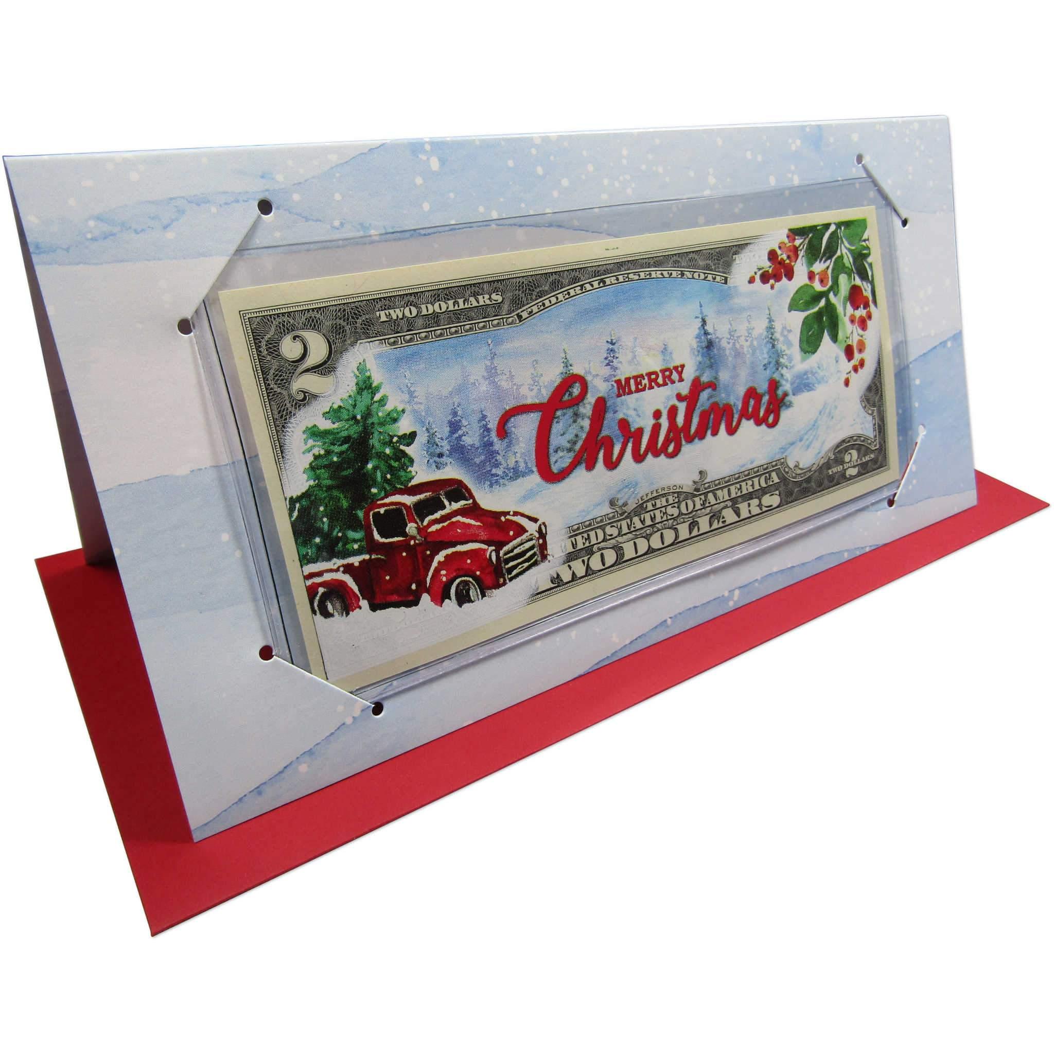 Colorized $2 Note Merry Christmas Card Red Truck Federal Reserve Small Size
