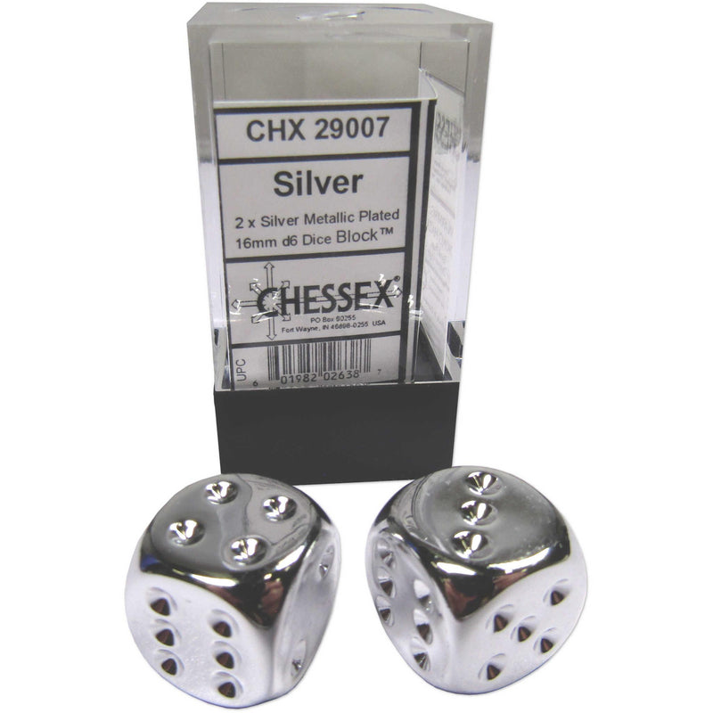 Pair of Chessex Silver Metallic Plated 16mm d6 Six Sided Dice Block CHX 29007 - Profile Coins & Collectibles 