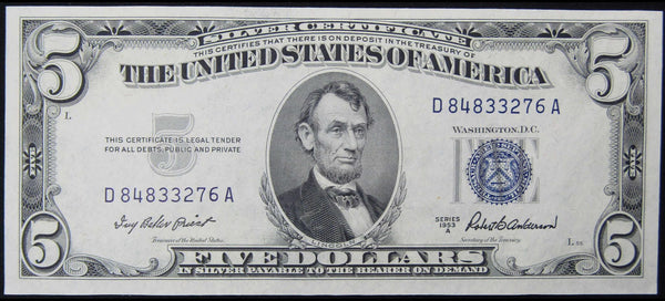 1953A $5 Silver Certificate Small Size Currency CCU Choice Crisp Uncirculated - Profile Coins & Collectibles 