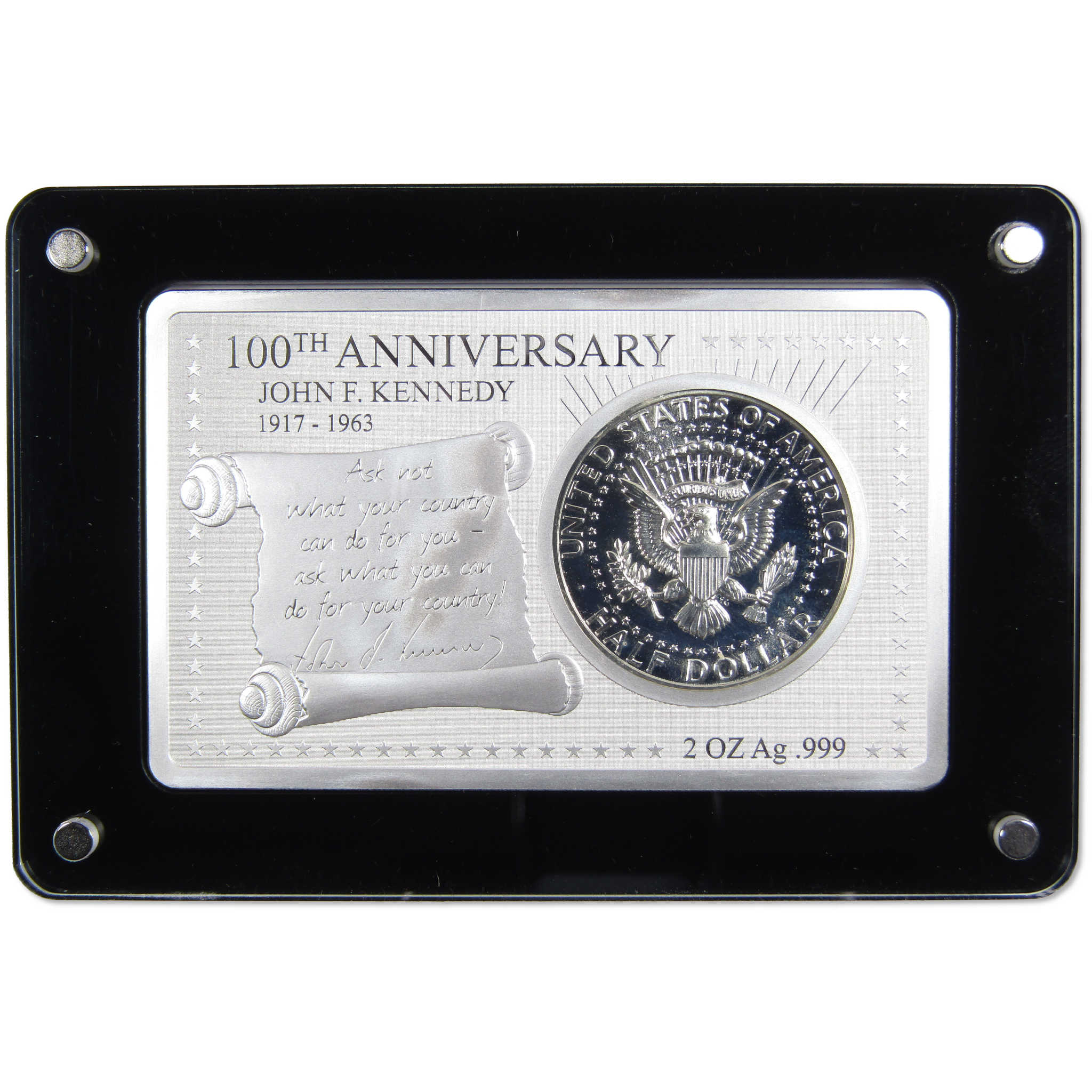 2017 100th Anniversary of John F Kennedy 2 oz .999 Silver Coin & Bar Set COA