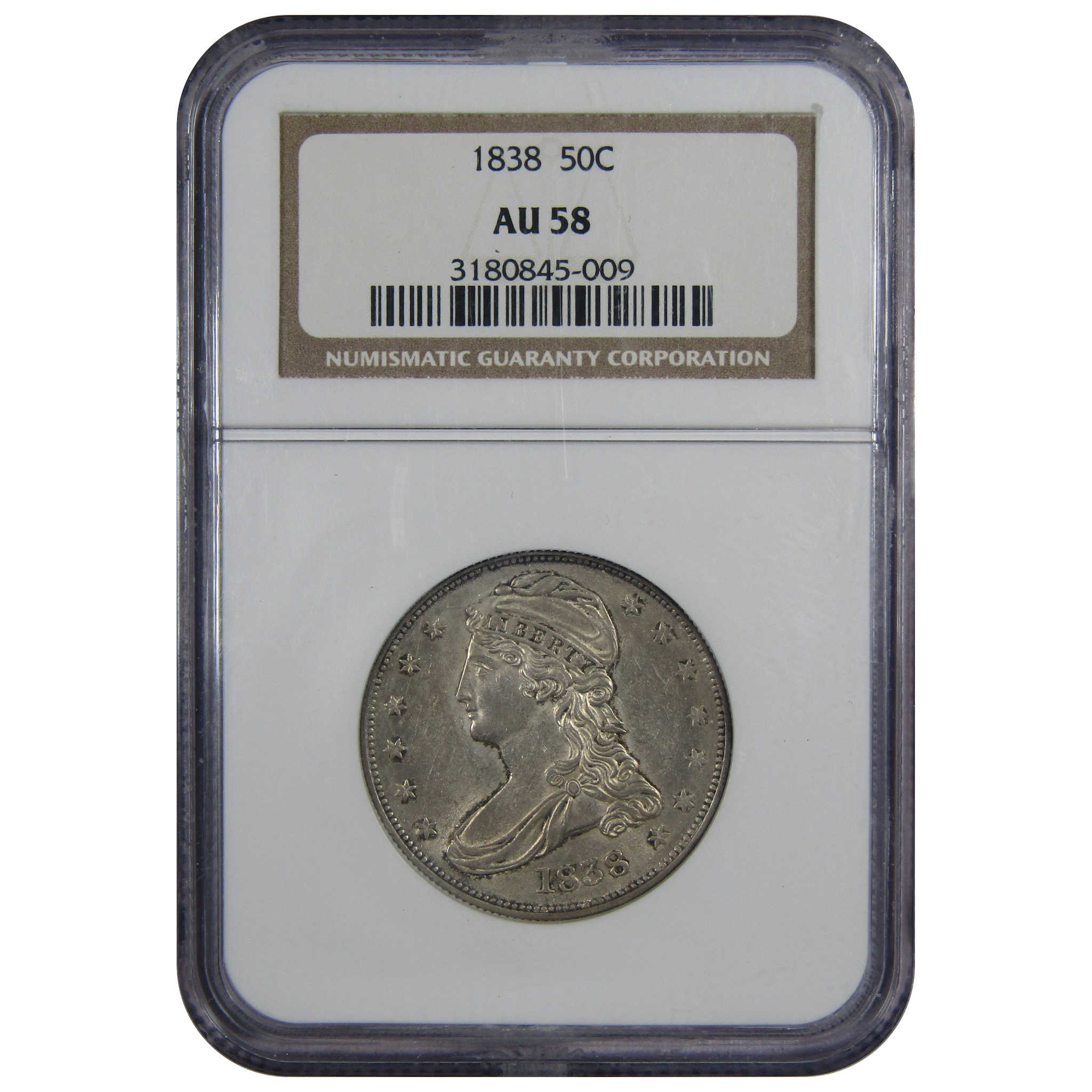 1838 Capped Bust Half Dollar AU 58 NGC 90% Silver 50c Coin SKU:IPC8455