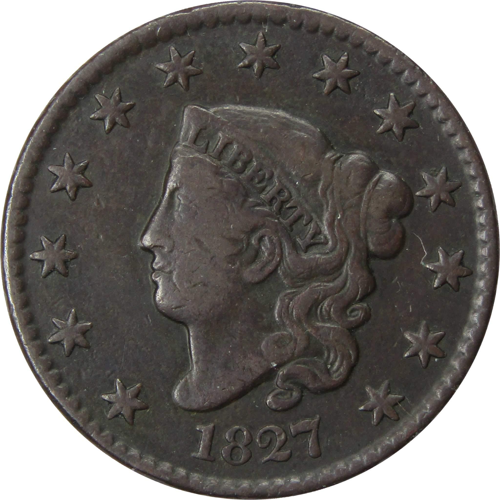 1827 Coronet Head Large Cent VF Very Fine Copper Penny 1c SKU:IPC463