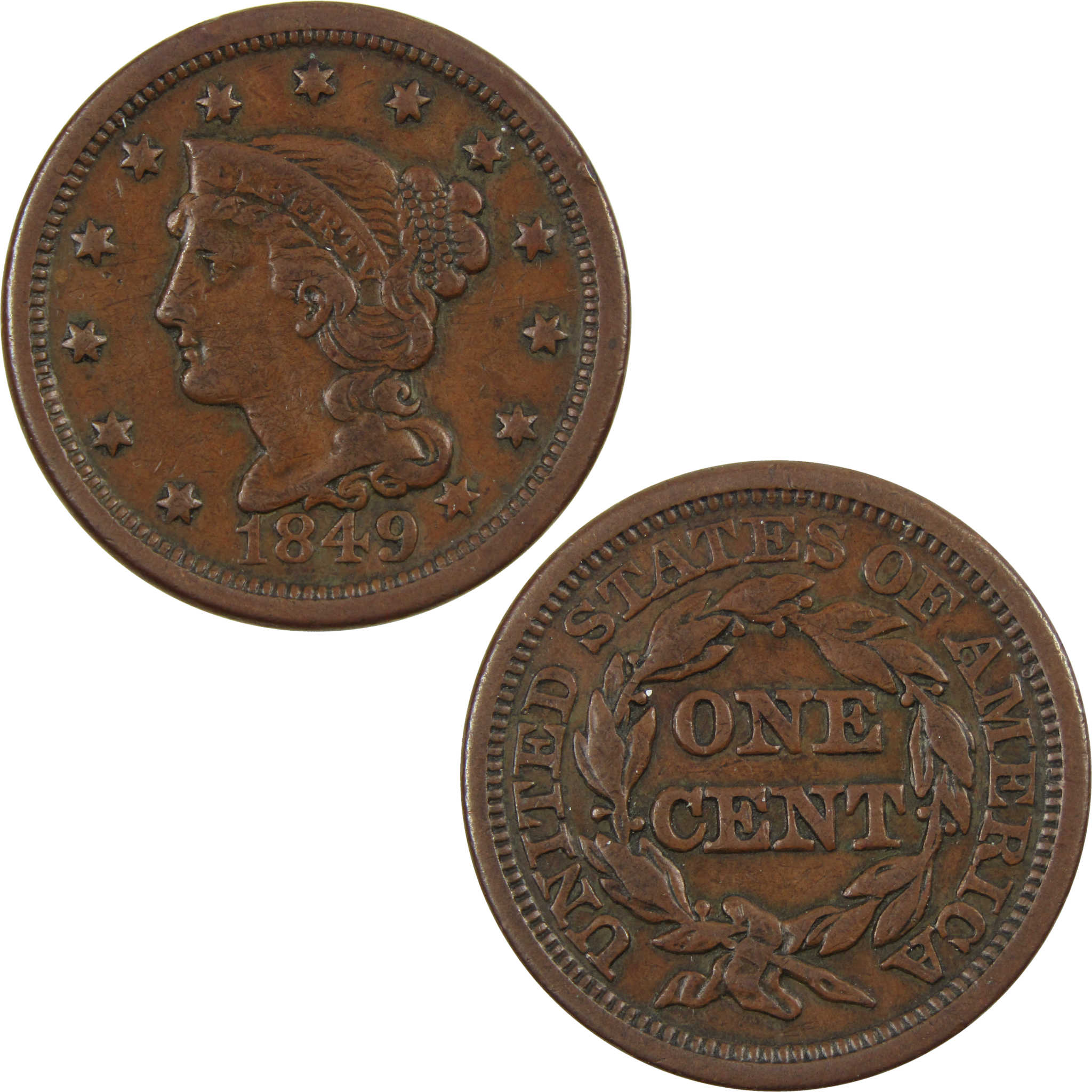 1849 Braided Hair Large Cent VF Very Fine Copper Penny 1c SKU:I4284