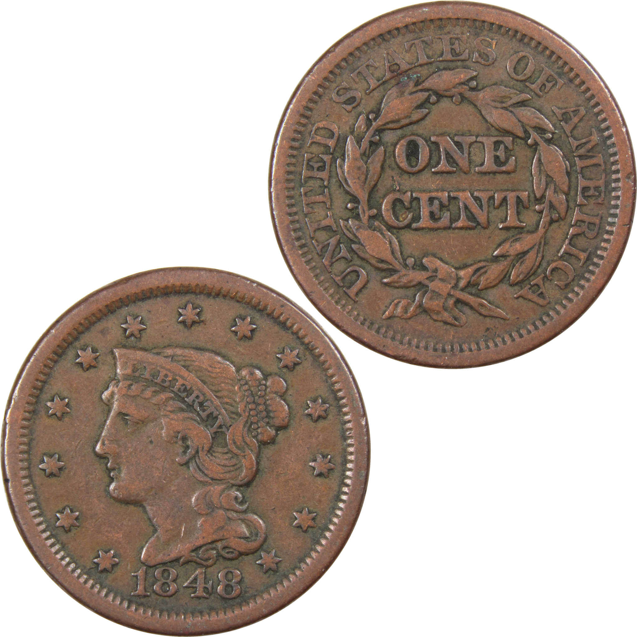 1848 Braided Hair Large Cent F Fine Copper Penny 1c SKU:IPC8806