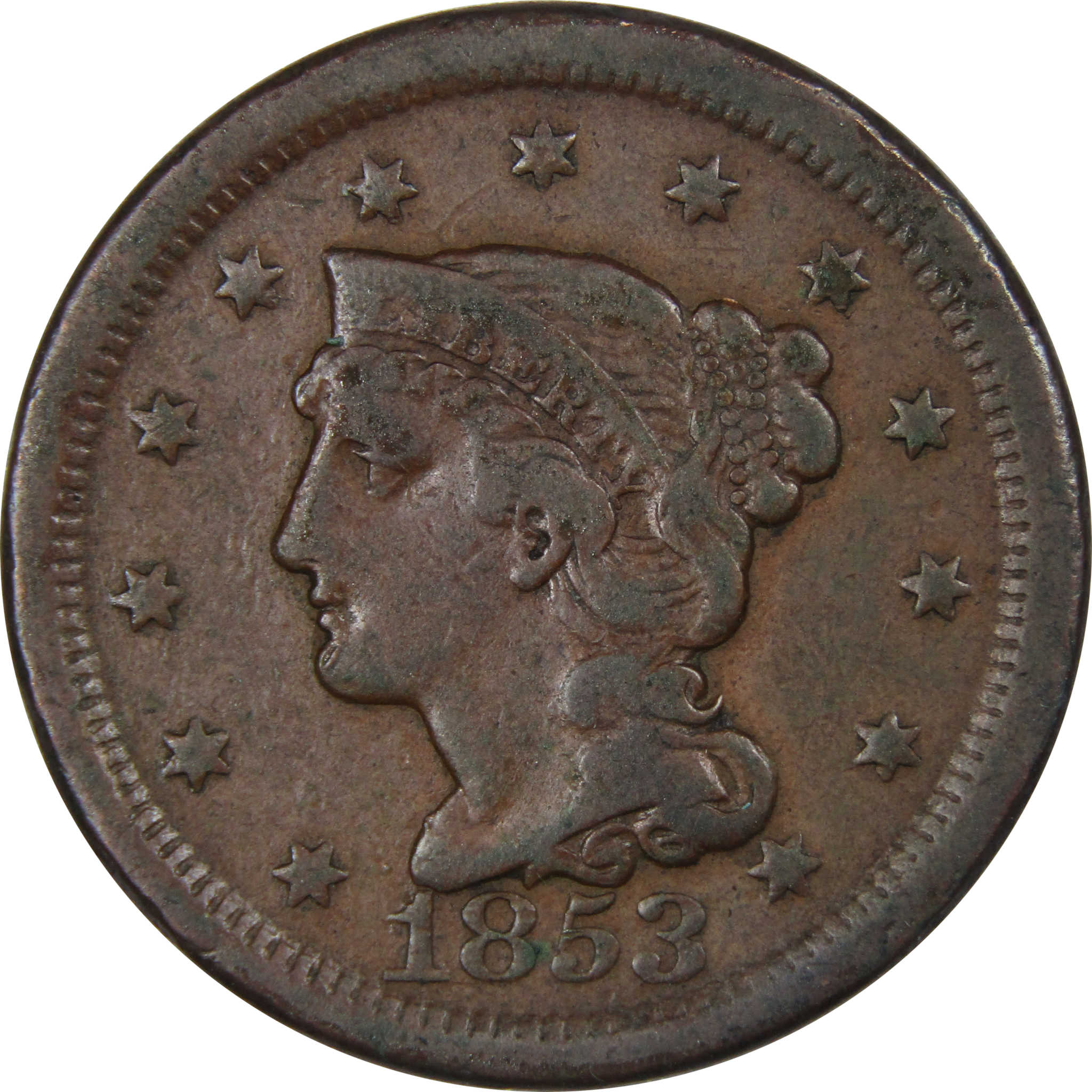 1853 Braided Hair Large Cent F Fine Copper Penny 1c SKU:IPC9862