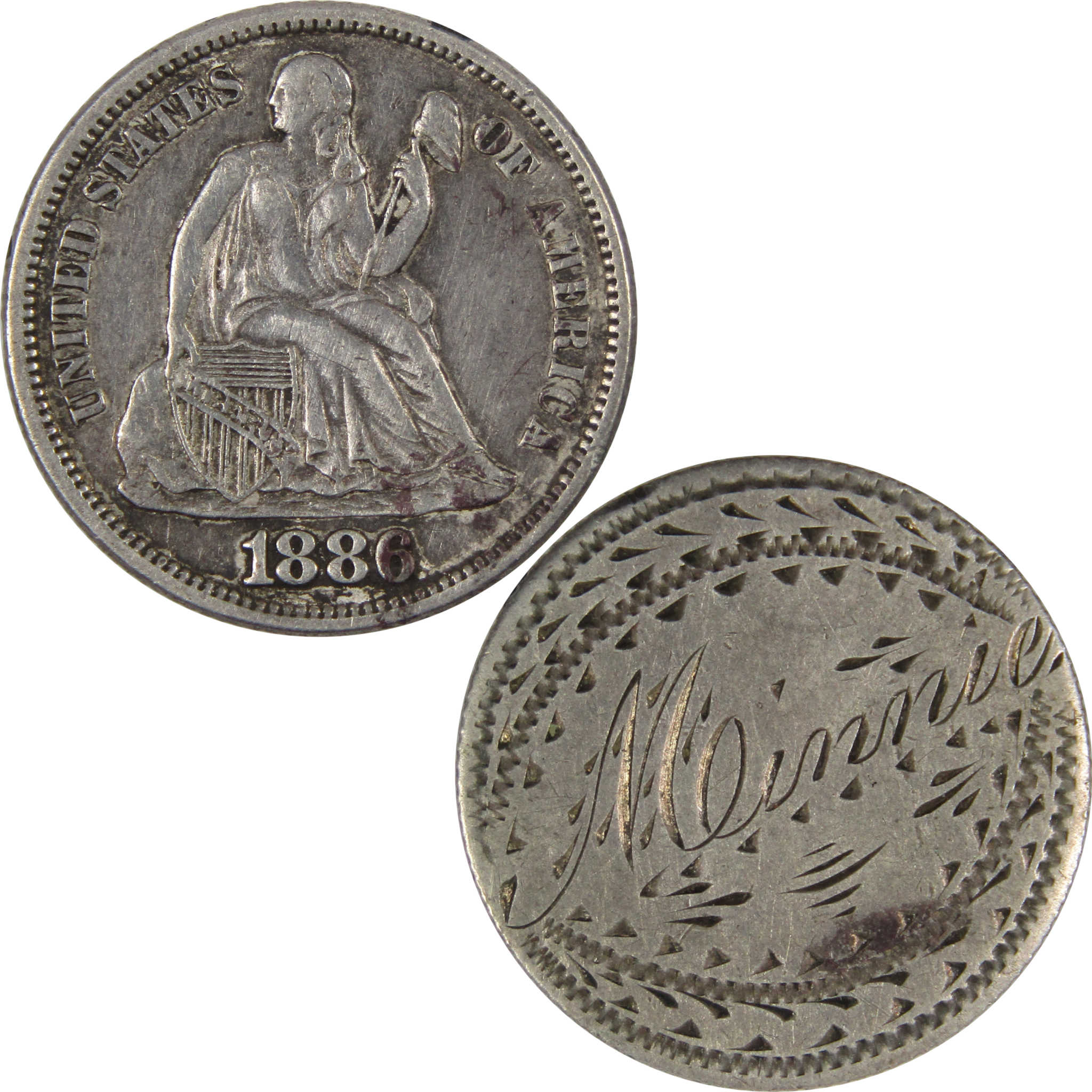 1886 Seated Liberty Dime Love Token 90% Silver 10c Coin SKU:IPC826