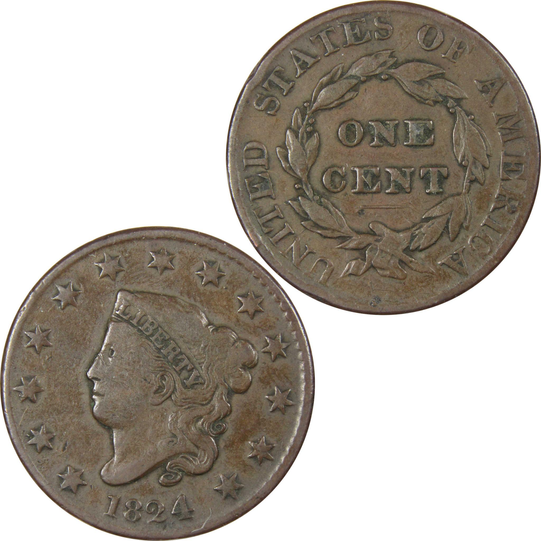1824 Coronet Head Large Cent F Fine Copper Penny 1c SKU:IPC7267