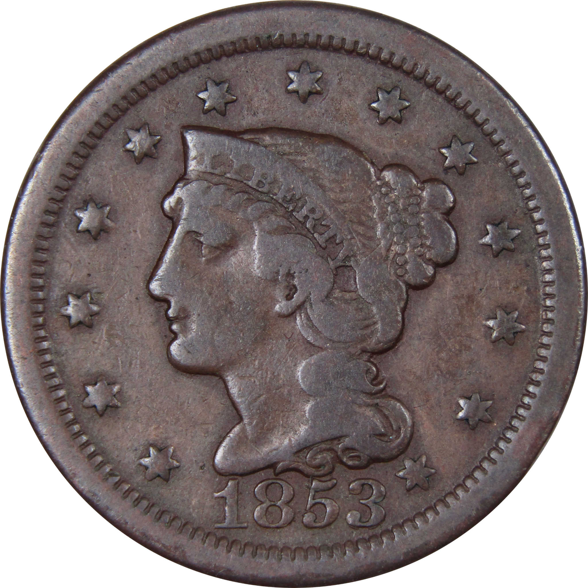 1853 Braided Hair Large Cent F Fine Copper Penny 1c SKU:IPC8070
