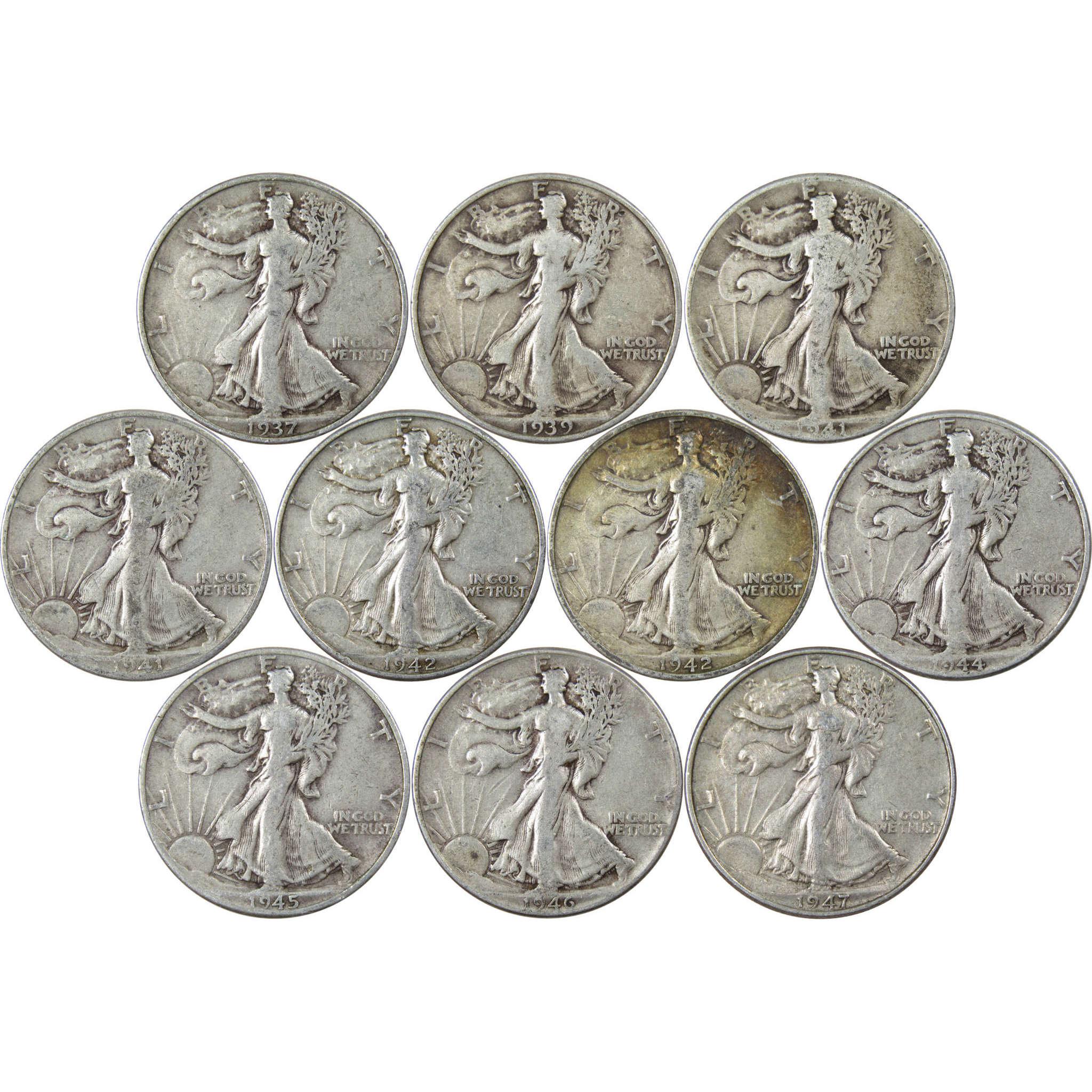 Liberty Walking Half Dollar 10 Coin Set AG 90% Silver 50c with Folder