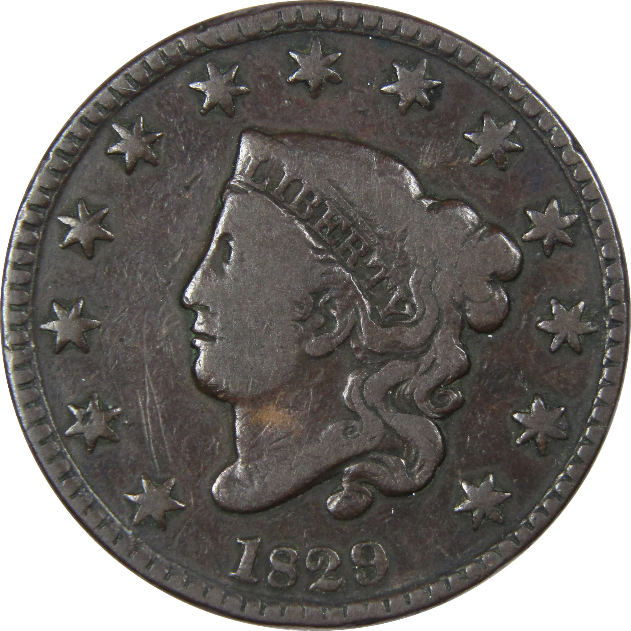1829 Large Letters Coronet Head Large Cent F Copper Penny SKU:IPC6051